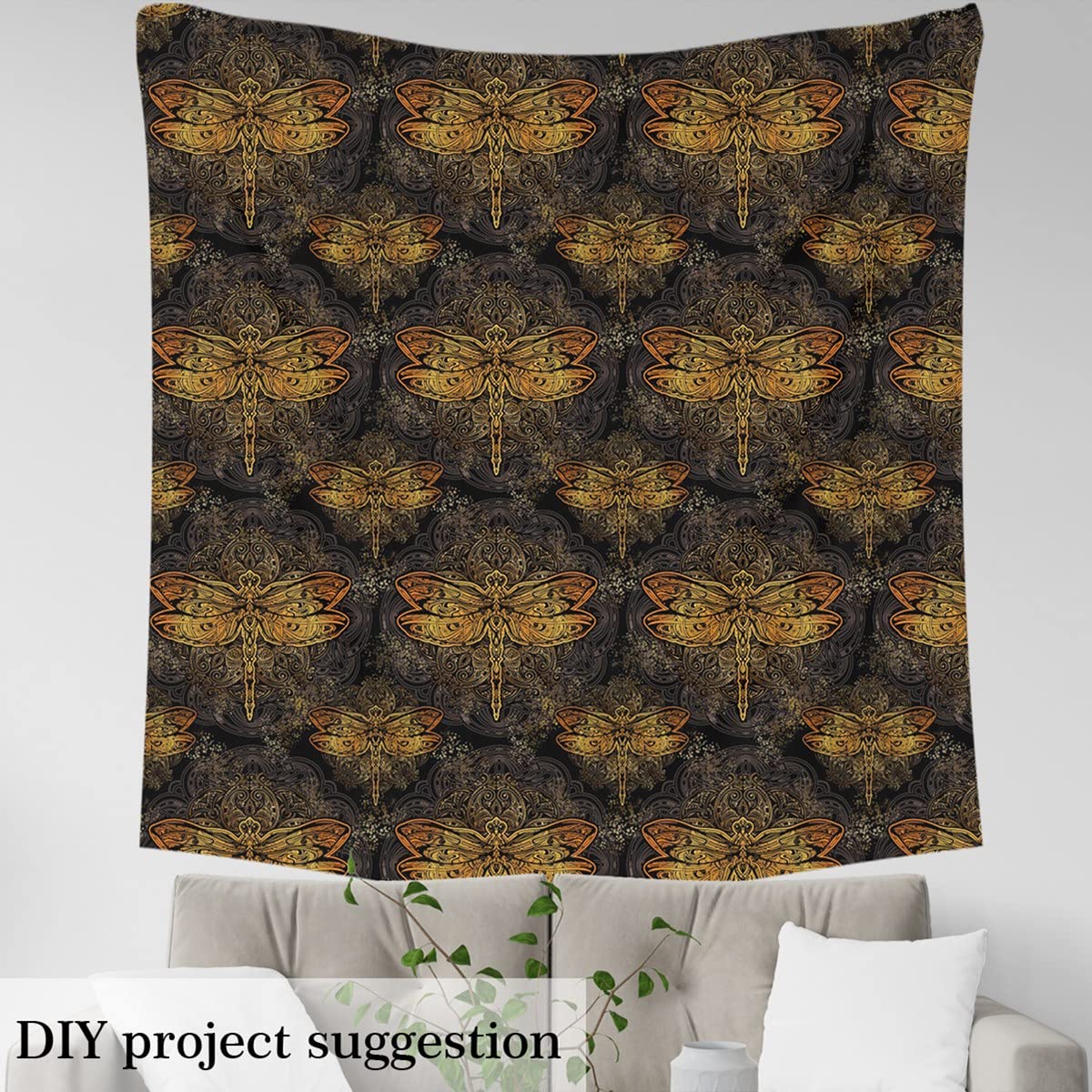 Dragonfly Upholstery Fabric,Ornamental Dragonfly Fabric by The Yard,Luxury Boho Mandala Fabric for Upholstery and DIY Projects,Outdoor Fabric,5 Yards,(L460*W150cm) Golden Black - Image 3