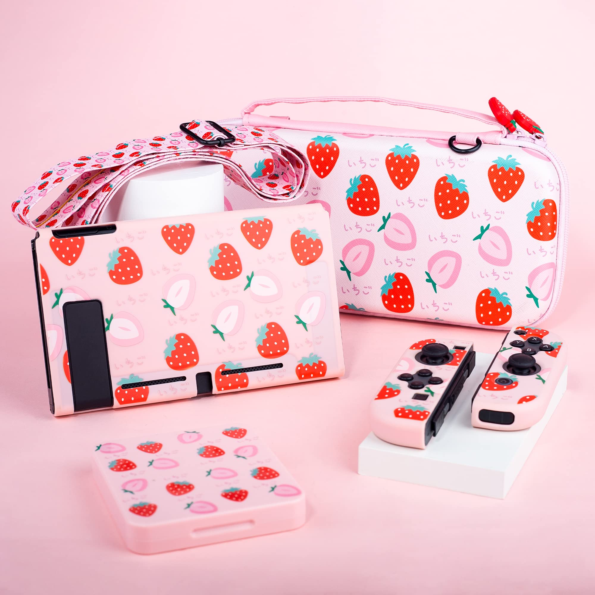 RHOTALL Erdbeer-Tragetasche für Nintendo Switch, harte Reisetasche mit Schutzhülle, Schultergurt, Spielkartenetui, Displayschutzfolie, 2 Daumenkappen
