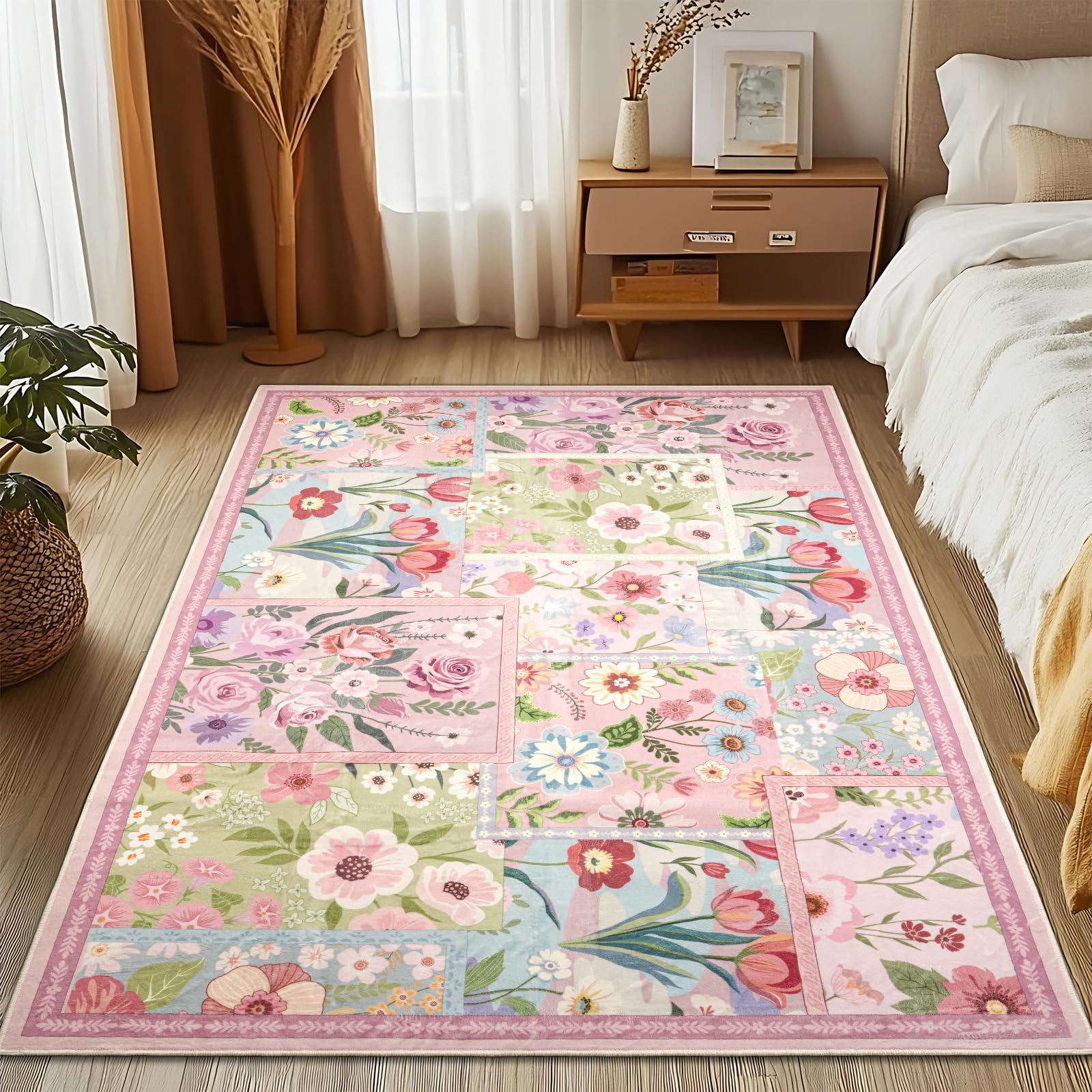 MOSISO 152 x 213 cm Tappeto Soggiorno, Motivo Floreale Intrecciato, Morbido | e Antiscivolo Interni Pelo Corto Finta Lana Rettangolare Lavabile per Arredo Casa,Comodino, Camera Letto,Sala Pranzo, Rosa