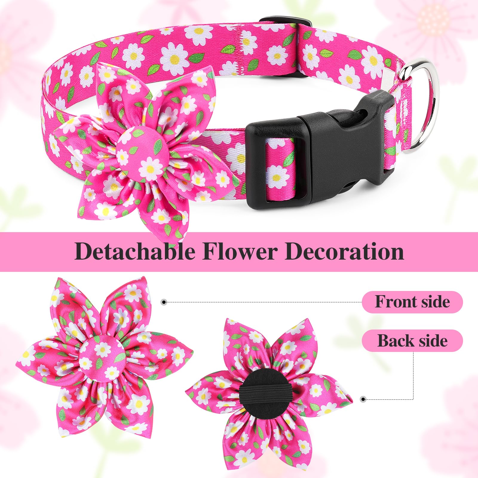 BiPawTi Medium Dog Collar Pink Flower with Bloom Decoration, Soft Floral Girly Dog Collars - Image 4