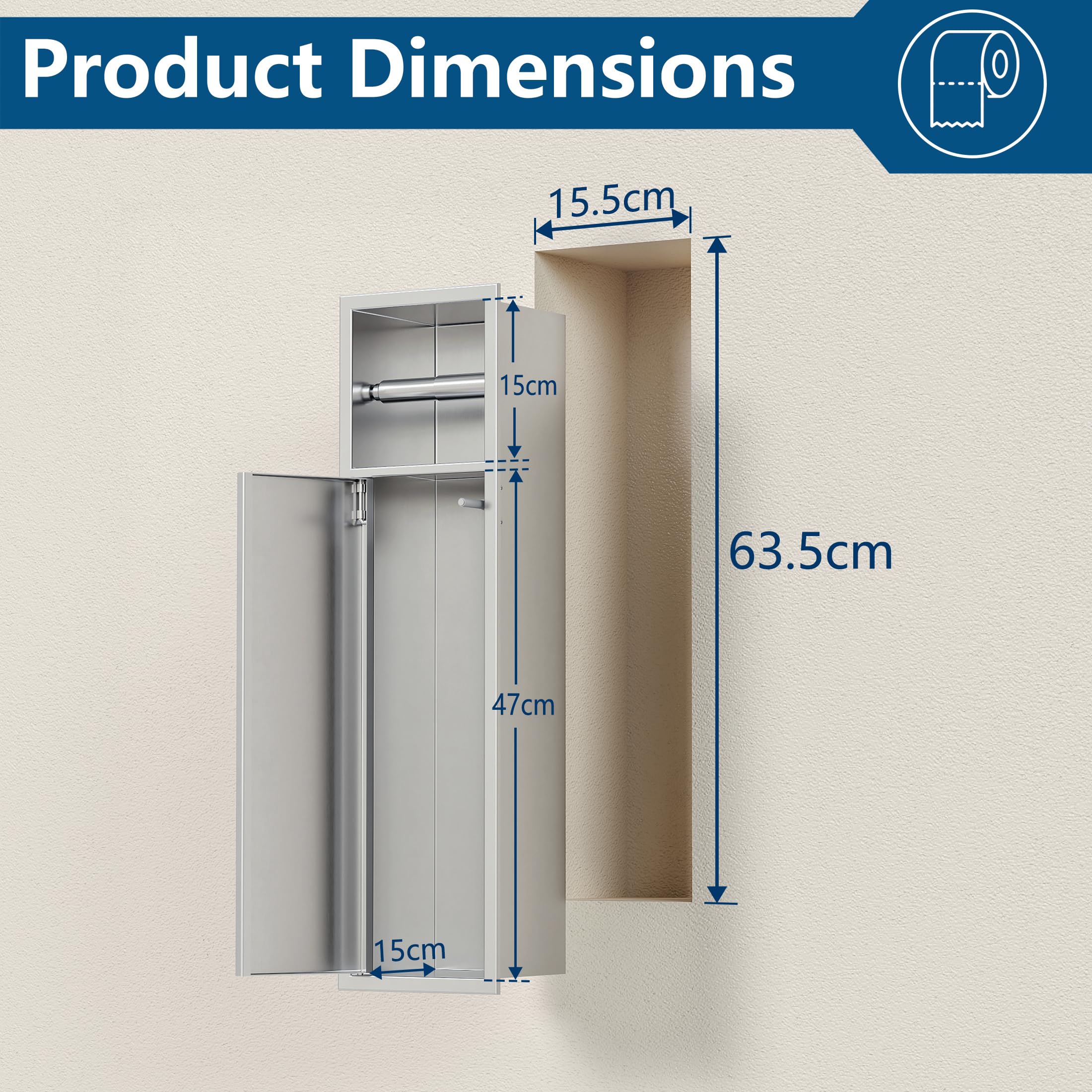 Neodrain Unterputz-Toilettenpapierhalter Edelstahl 304, 63 x 15 x 15 cm | Badezimmerschrank für Klobürstengarnitur, Papieraufbewahrung, Push to Open