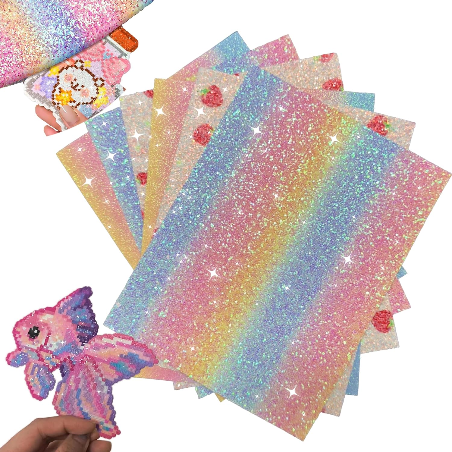 6PCS Thick Texture Fuse Bead Iron Paper, Rainbow Glitter Fabric Ironing Sheets, Reusable Non-Porous Iron-On Paper 7.87 x 5.91 Inch for DIY Fuse Bead Art and Crafts