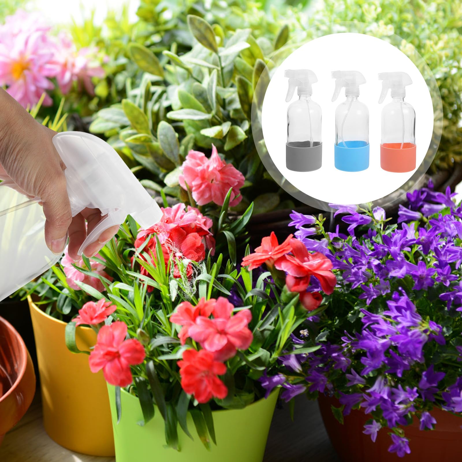 IMIKEYA Bottiglia di vetro con atomizzatore 500 ml Base in silicone antiscivolo trasparente confezione da 3 pezzi rosa blu e grigio riutilizzabile per la pulizia del giardino e il salone