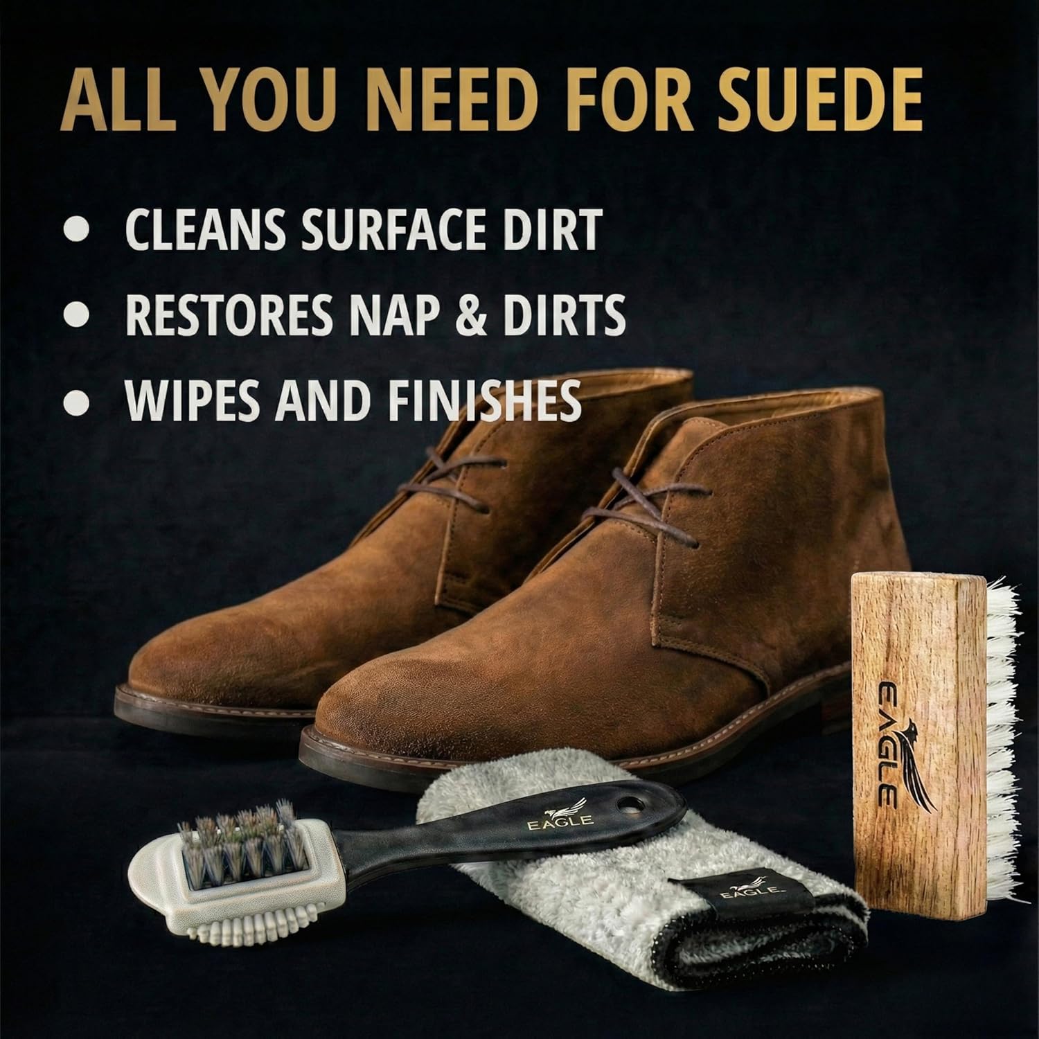 Eagle Suede & Nubuck Cleaning Kit – 5-Piece Set with Foam Suede Cleaner & Protector Spray, 3-Way Brush, Scrub Brush & Cloth – Suede Care Kit for Shoes & Boots- Compatible with Ugg Boots - Image 7