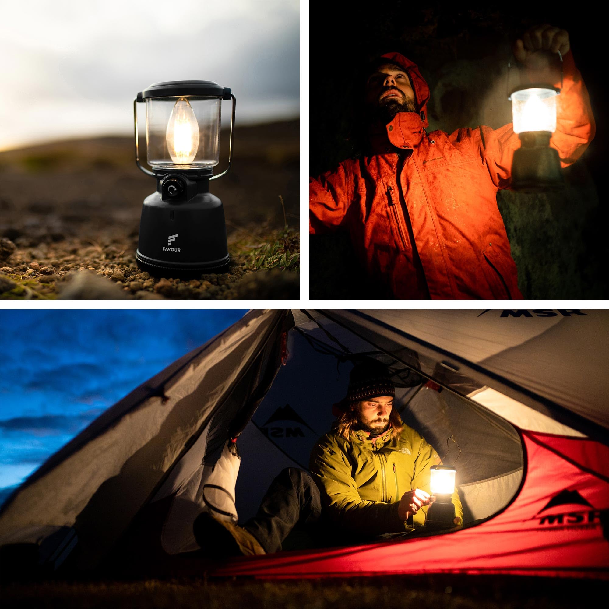 Favour Retro LED Laterne Outdoor | Helle Campinglampe, dimmbar, Kerzenlichtmodus | LED Lampe Akku aufladbar, IP64 wasserdicht, stoßfest | Hängelampe Zelt, abnehmbarer Schirm, schwarz inkl. Akku