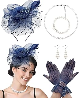 5 Pack Fascinators Hat for Women Tea Party Veil Mesh Headband Feather Hat Lace Gloves Pearl Jewelry Set for 1920s Party