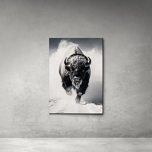 Miniatura 4 de Framed Canvas Print Wall Art Black White Bison Buffalo Landscape Animals, Wildlife Digital Art Realism, Decorative Rustic Relax Calm for Living