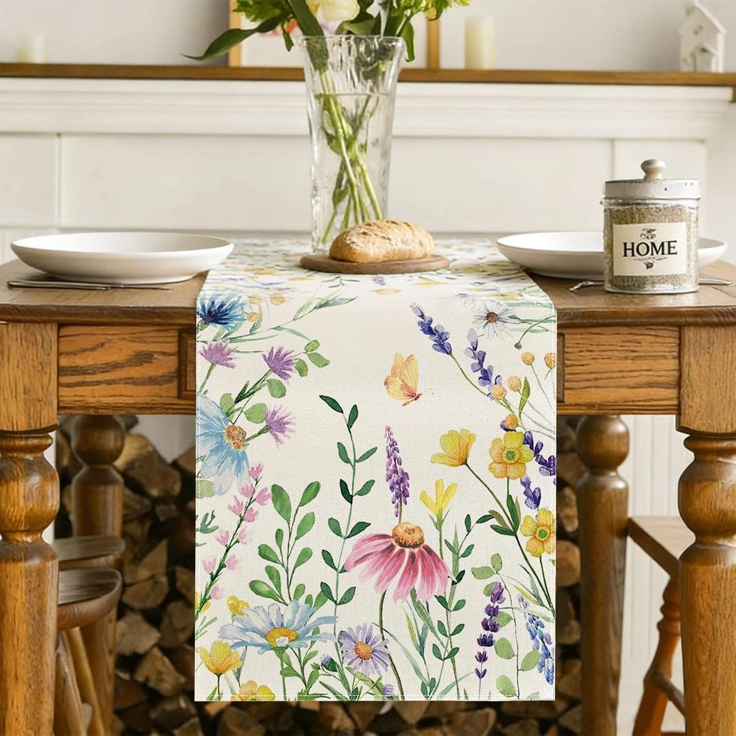 Hahafelt Spring Flower Table Runner and Placemats Set of 7, 12" x 18" Spring Wildflower Place Mats 13"x72" Colorful Flower Table Runner for Summer Holiday Party Kitchen Dining Decoration