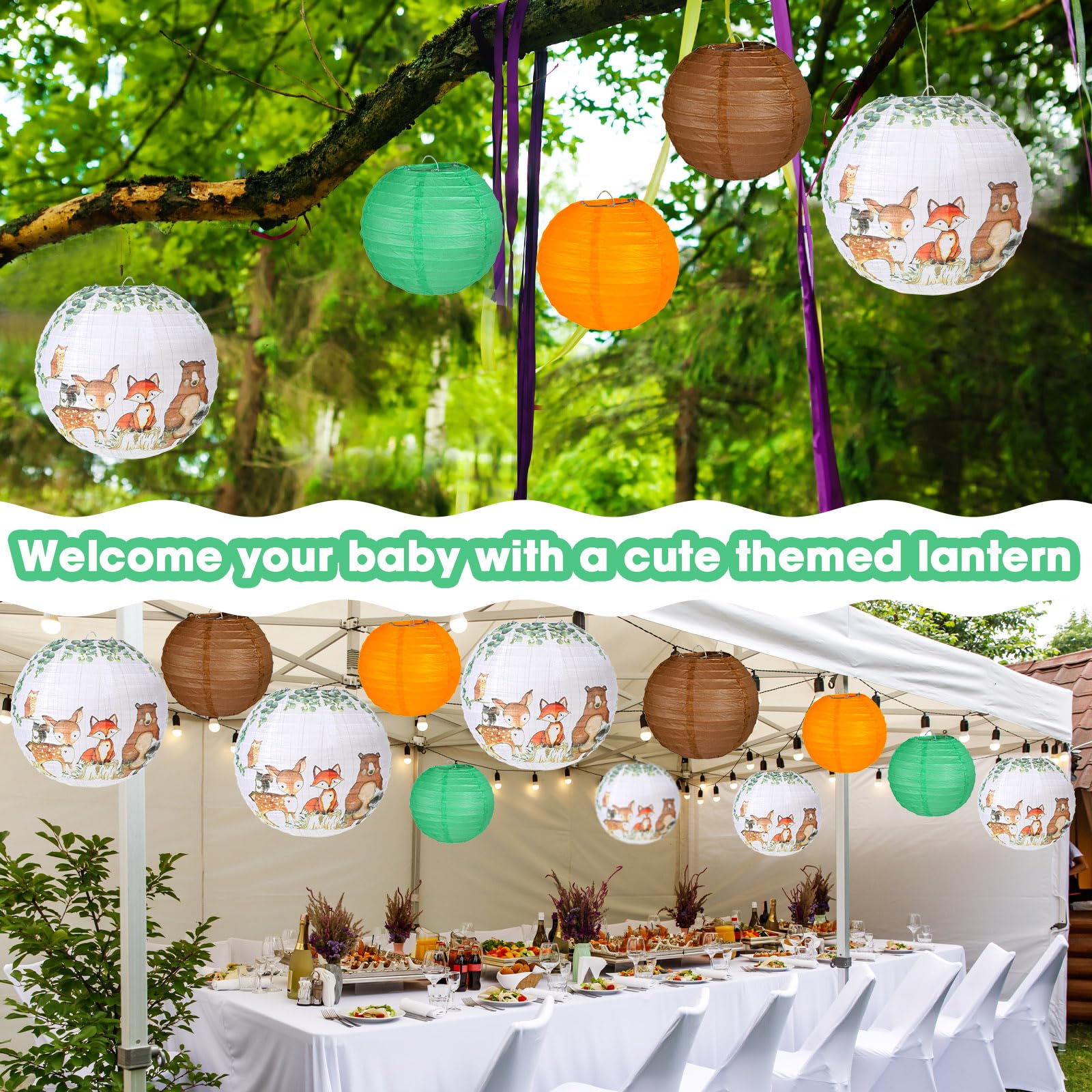 12 Pieces Woodland Animal Baby Shower Paper Hanging Lanterns Gender Neutral Forest Animal Theme Birthday Party Decorations Woodland Animal Print for Jungle Animal Back to School Decor Ceiling Decor