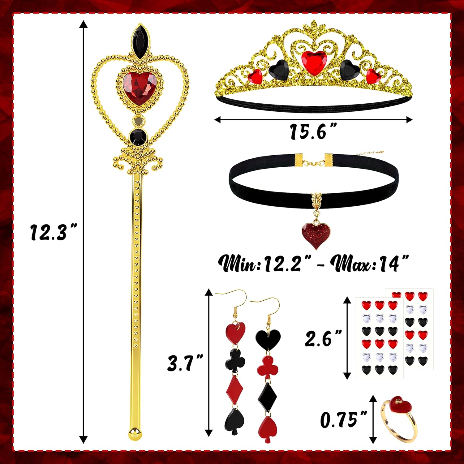 7Pcs Halloween Queen of Hearts Costumes Accessories for Women Crown Headband Scepter Wand Necklace Earring Tattoo Sticker Ring for Party Cosplay - Image 3
