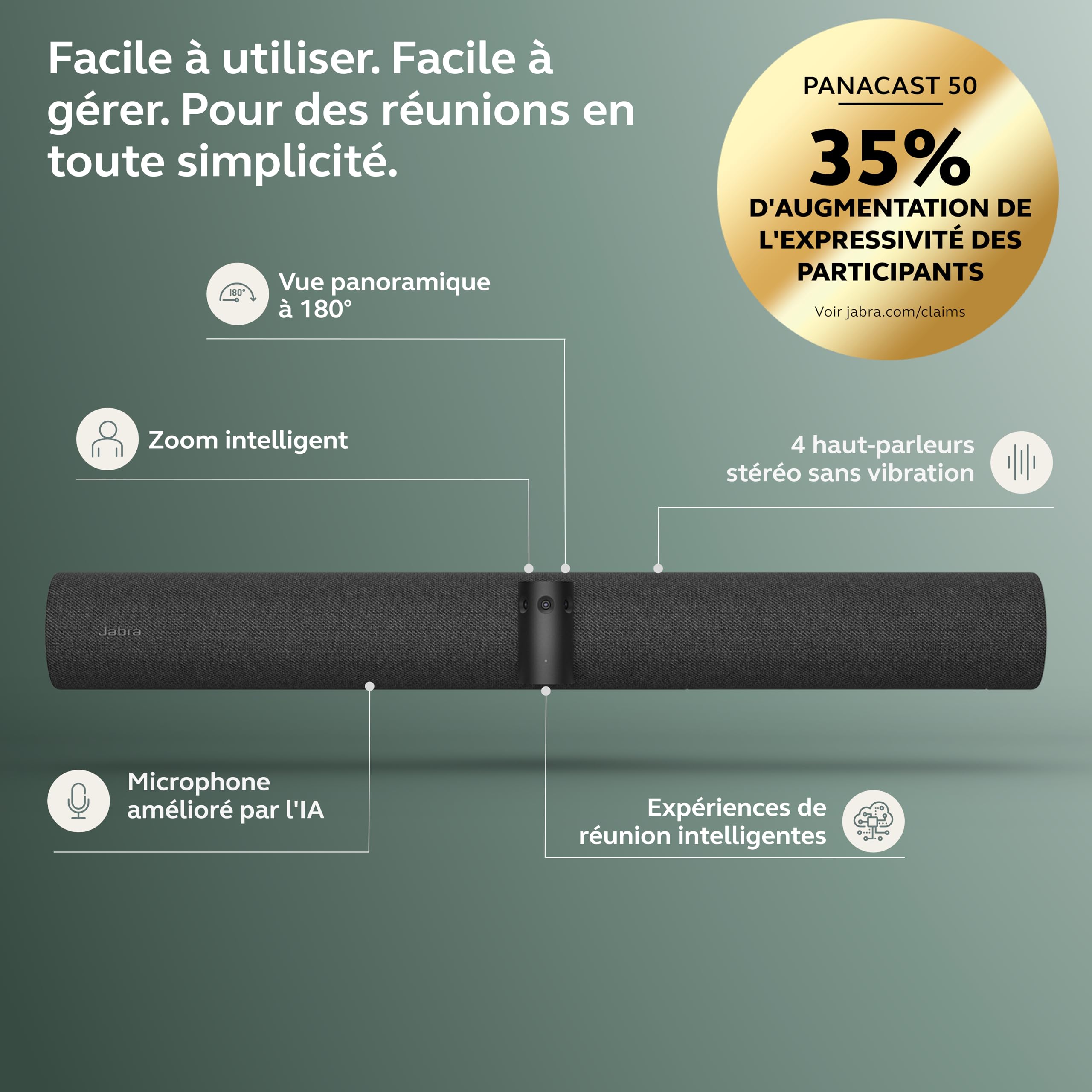 Barre vidéo panoramique 4K Jabra PanaCast 50 - Caméra de visioconférence pour petites et moyennes salles avec champ de vision 180° et 8 microphones – Alimentation UE - Noir