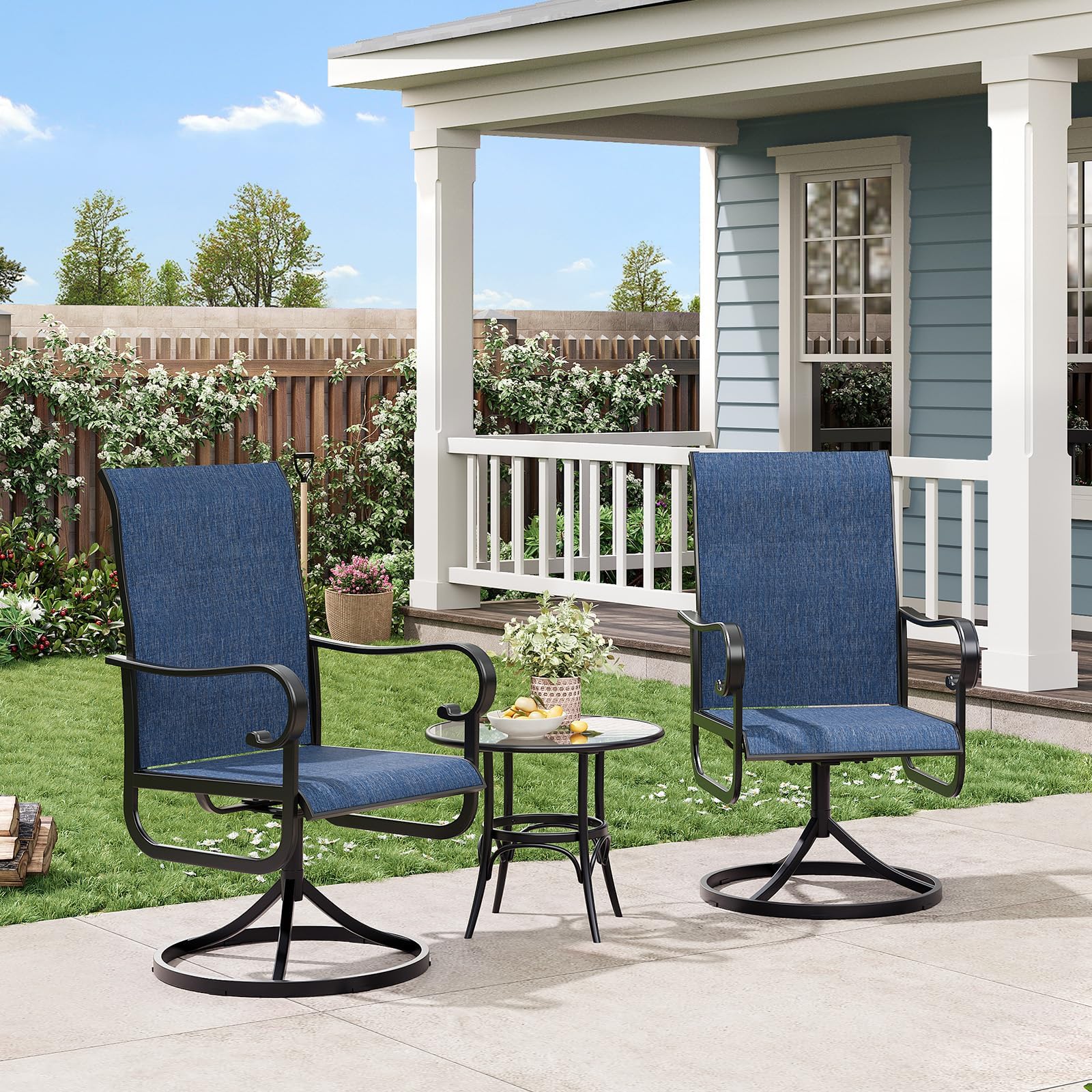 360° Drehbare Gartenstühle 2er Set, Hochlehner Patio Stühle für Außenbereich, Wetterfestes Atmungsaktives Textilene, Stabiler Pulverbeschichteter Metallrahmen, für Terrasse, Balkon, Rasen, Blau