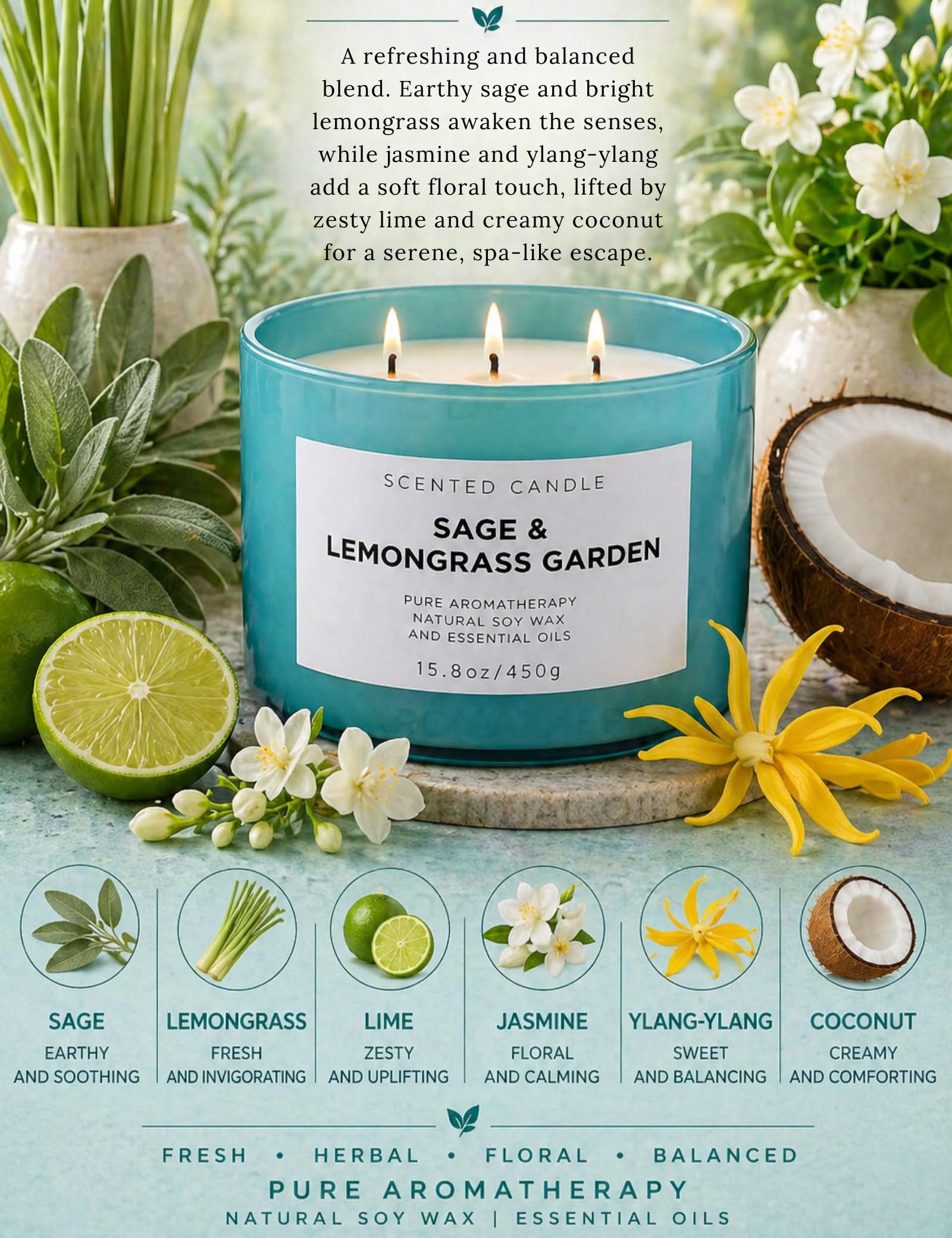 Candela profumata alla citronella alla salvia | Candela rinfrescante alla citronella per la pulizia della casa | Candela di soia naturale a 3 stoppini | Candela rilassante per aromaterapia per donne e