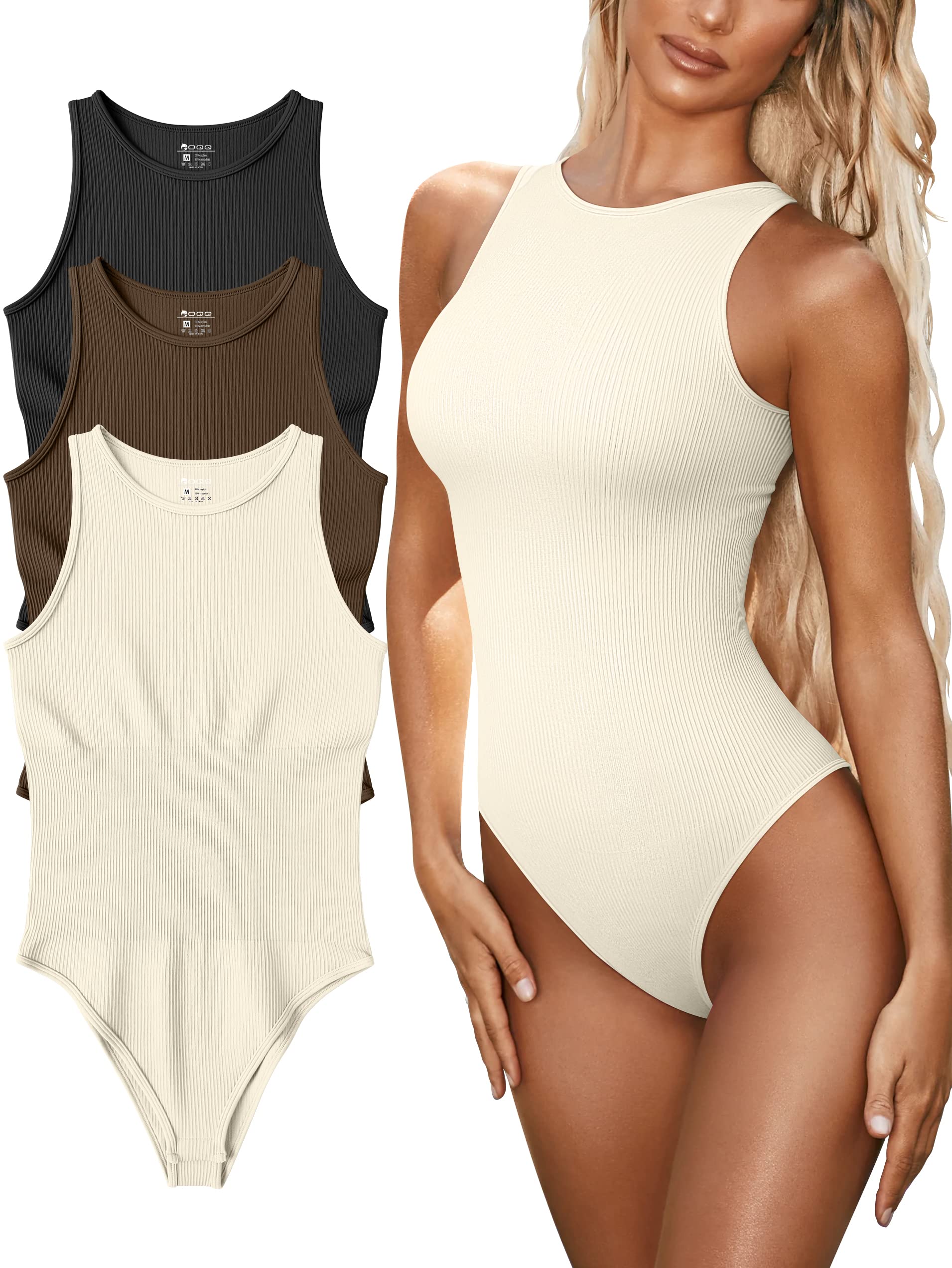 OQQ Women's 3 Piece Sexy Ribbed One Sleeveless Halter Neck BodySuit, Black Coffee Beige, Small