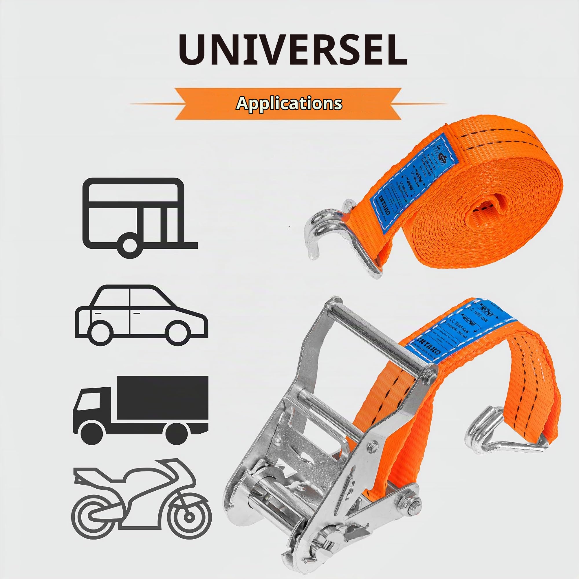 INTAKO Sangle à Cliquet 4m/6m avec Crochet - 2000kg x 35mm - Sangles d'arrimage sécurisés pour Remorque, Quad, Moto - Conforme à la Norme DIN en 12195-2 (Orange, 4m (Lot de 2))