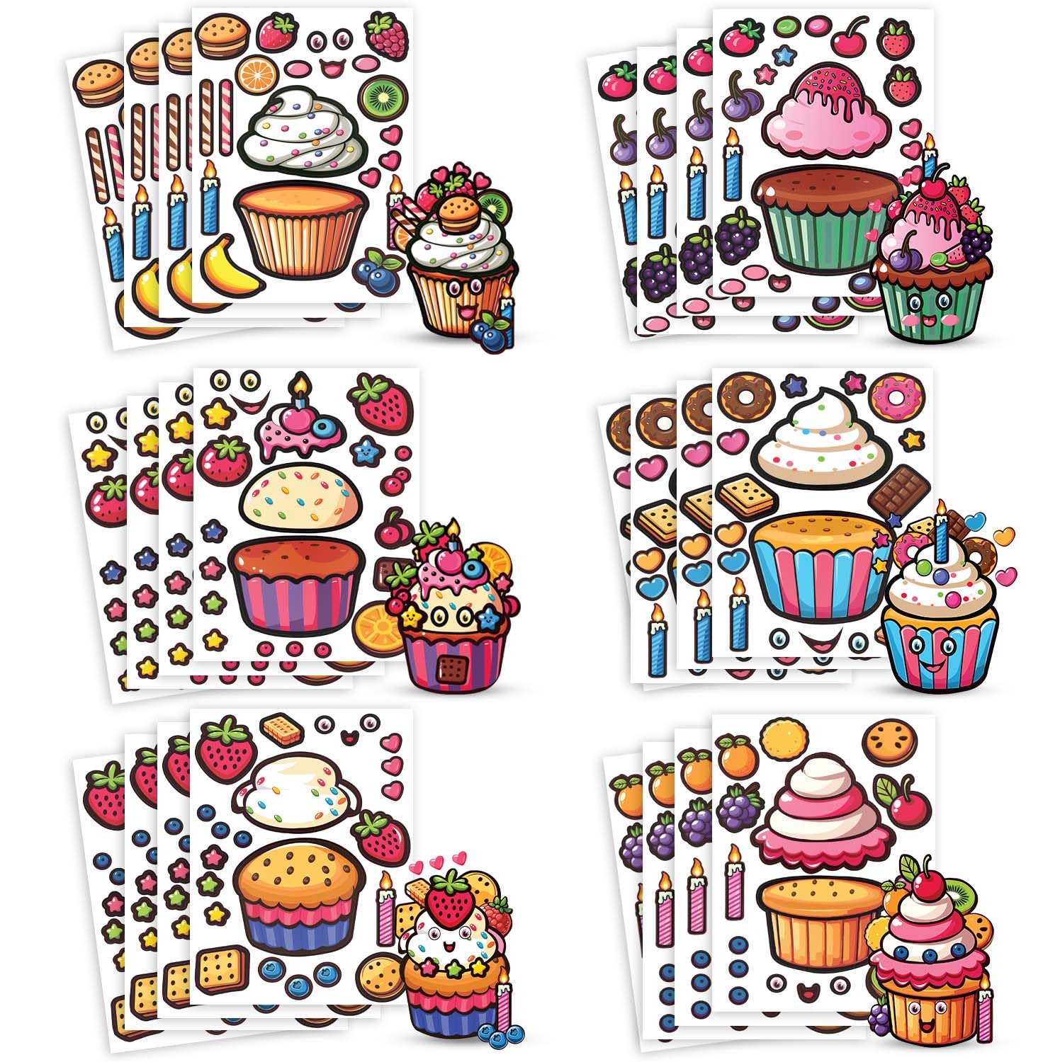 24 Make A Cupcake Stickers for Kids - Create and Decorate Your Own Cupcake Stickers with Assorted Toppings Like Fruit, Candy, and More! Easy to Use, No Mess - Great Party Favor & Rainy Day Activity