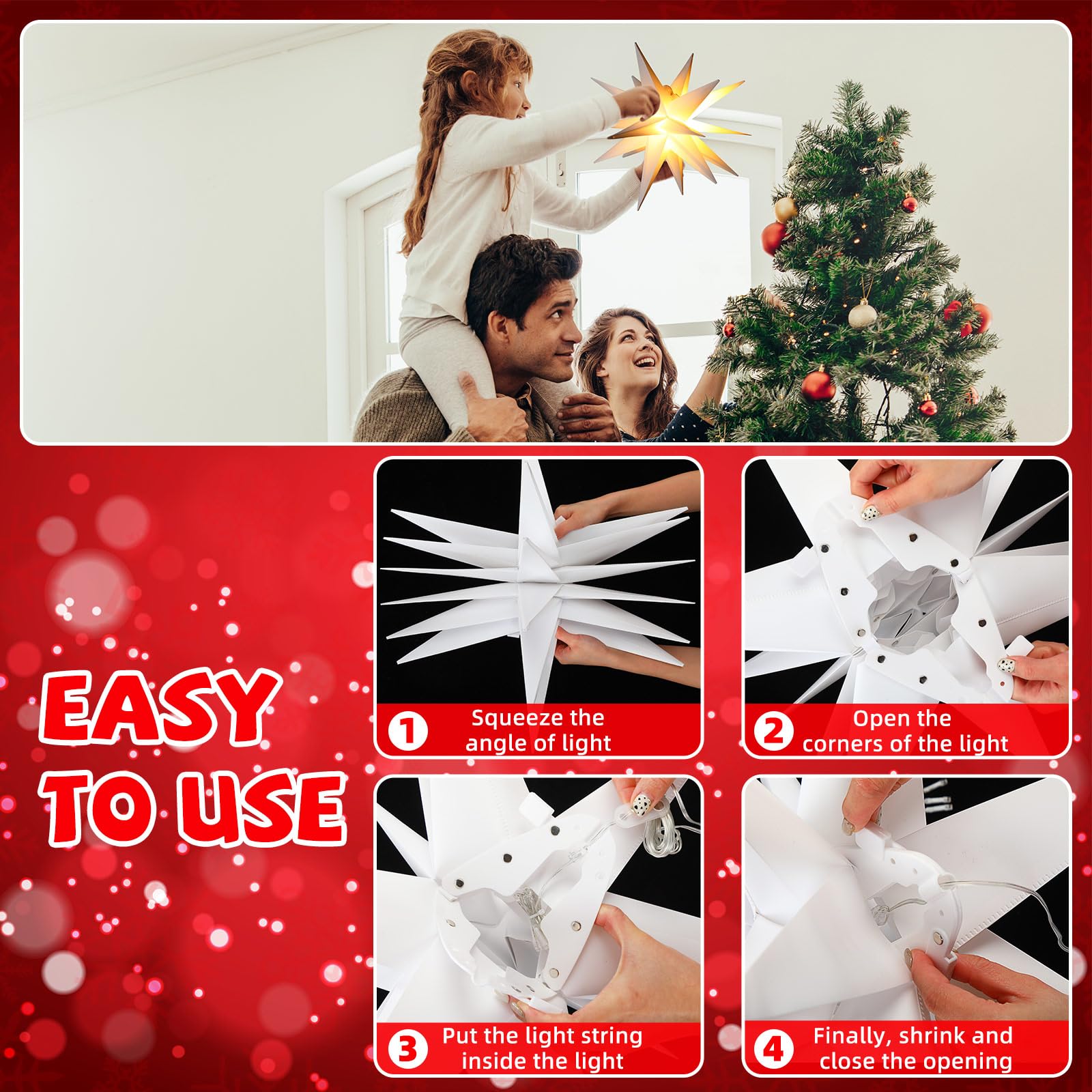 Baquler 2 luces LED grandes de estrella morava blanca de 23 pulgadas, luz LED de estrella de Navidad 3D, decoración de estrella colgante para decoración de árbol de Navidad, vacaciones, porche,