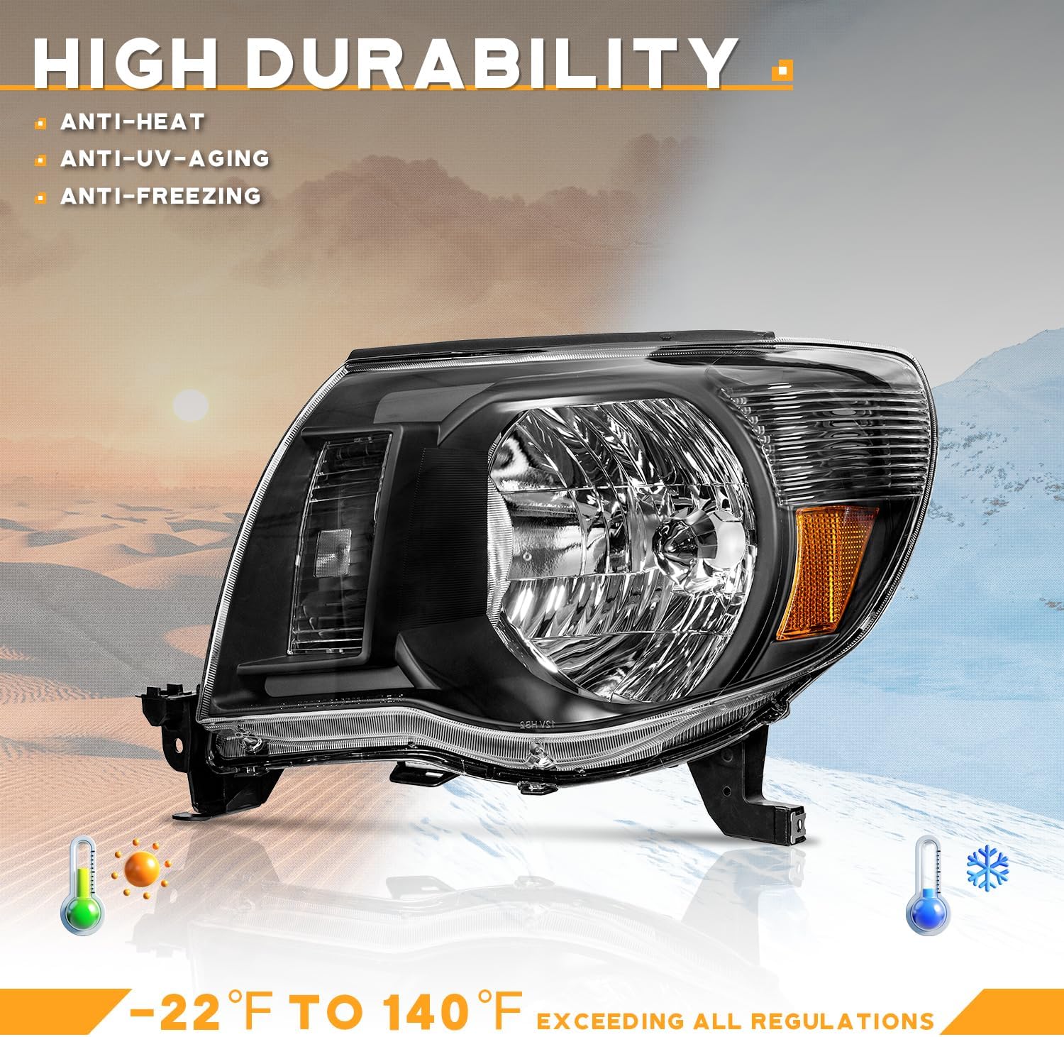 WEELMOTO Halogen Headlight Assembly Compatible with 2005 2006 2007 2008 2009 2010 2011 Tacoma OE Style Replacement Black Housing with Amber Reflector Passenger & Driver Side