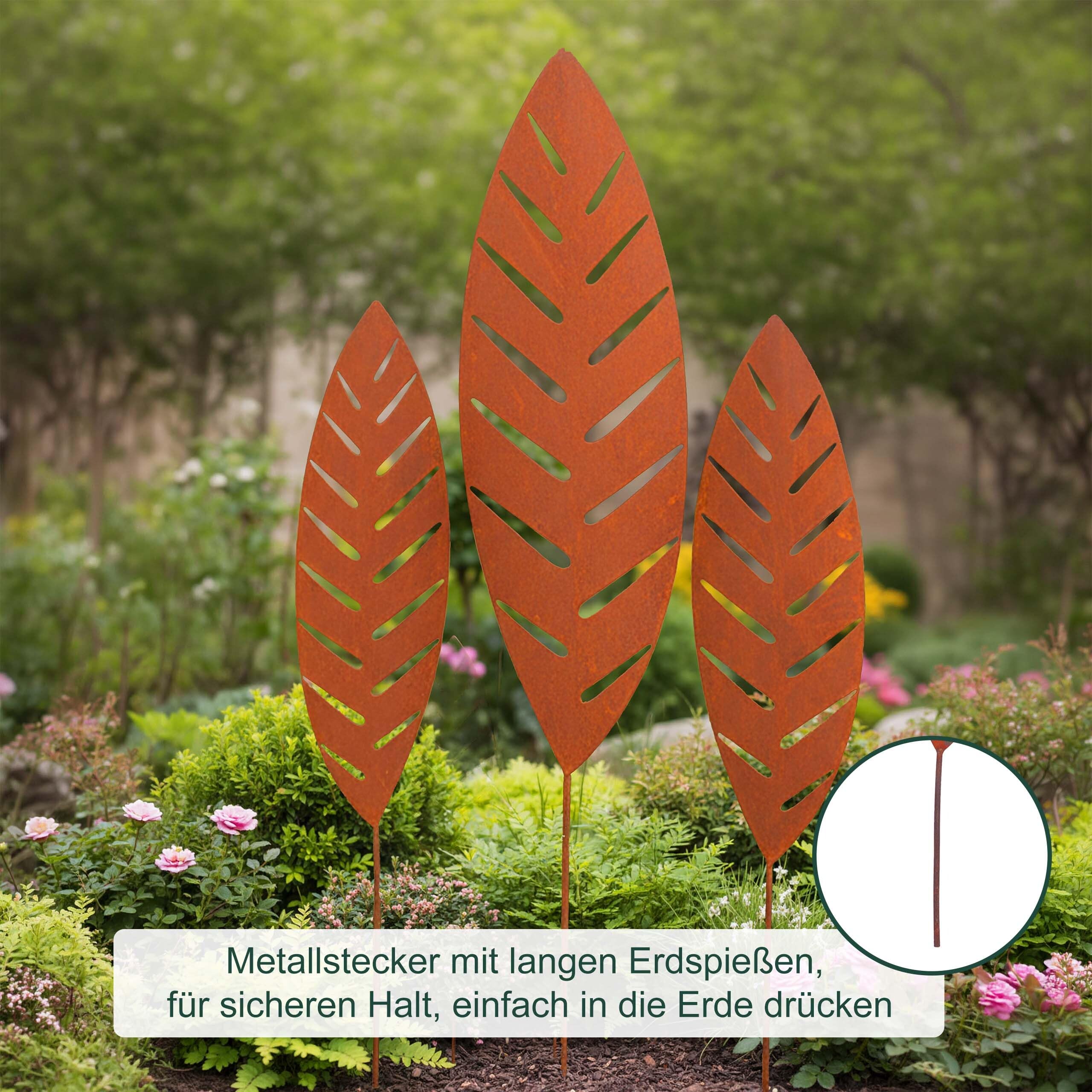 Relaxdays Gartenstecker Palmblatt, 3er Set, Rost, Metall, H: 50–100 cm, Gartendeko, Metallstecker für draußen, braun
