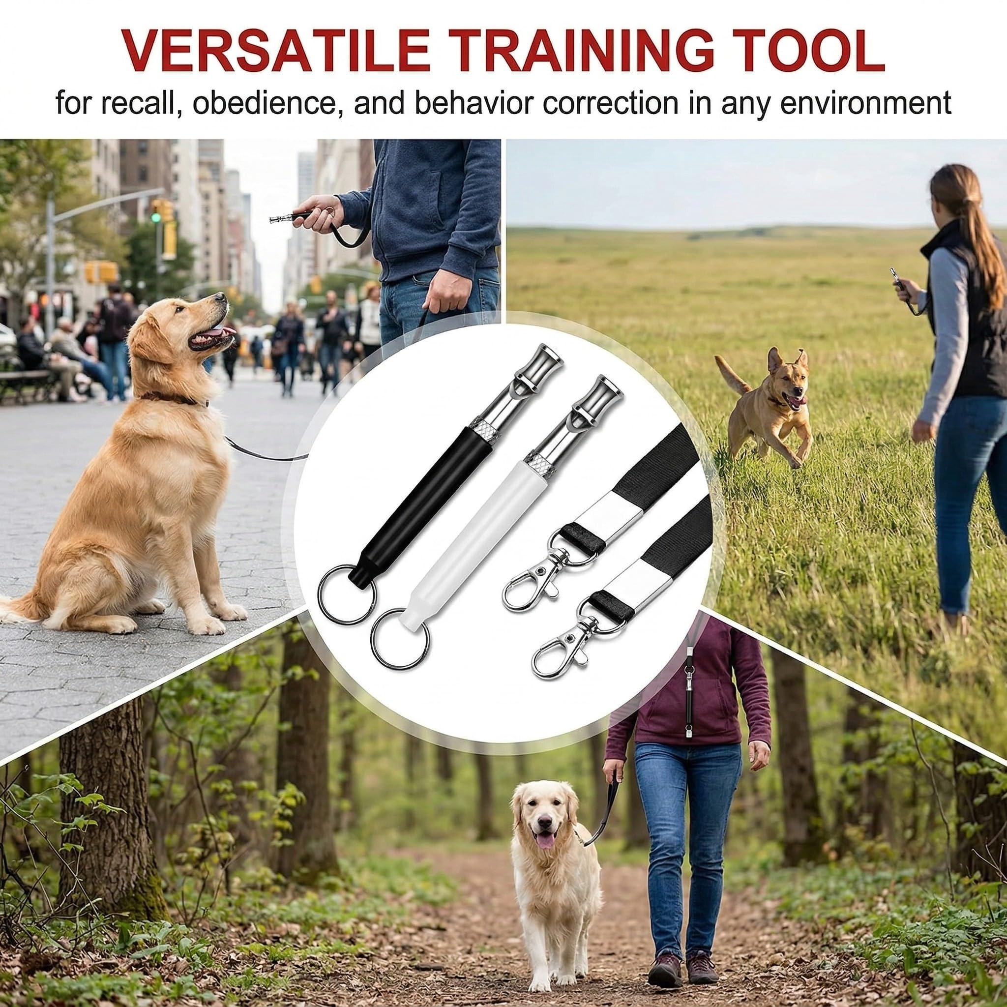 2 Fischietti per Cane (Nero & Bianco), Strumento di Addestramento Ultrasonico con Cinturino 49cm, per Richiamo e Addestramento Canino
