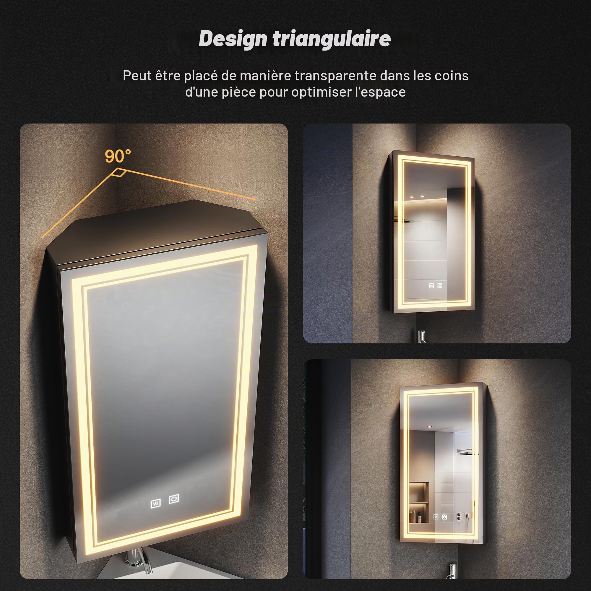 SONNI Armoire miroir d'angle avec éclairage, armoire à miroir triangulaire LED avec prise, intensité variable, 3 couleurs à intensité variable, armoire murale de salle de bain sans brouillard, armoire