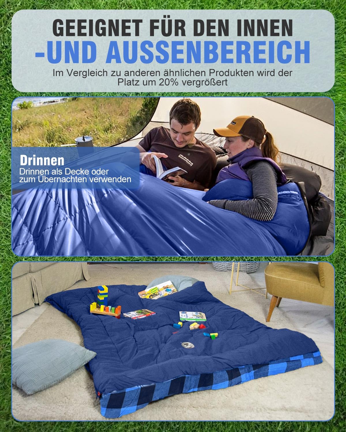 WKFAMOUT Sac De Couchage Double En Flanelle Pour Adultes XXL Sac De Couchage 2 Personnes Confortable Pour Camping Tentes Camion Randonnée Extérieur Intérieur 220x150CM Bleu