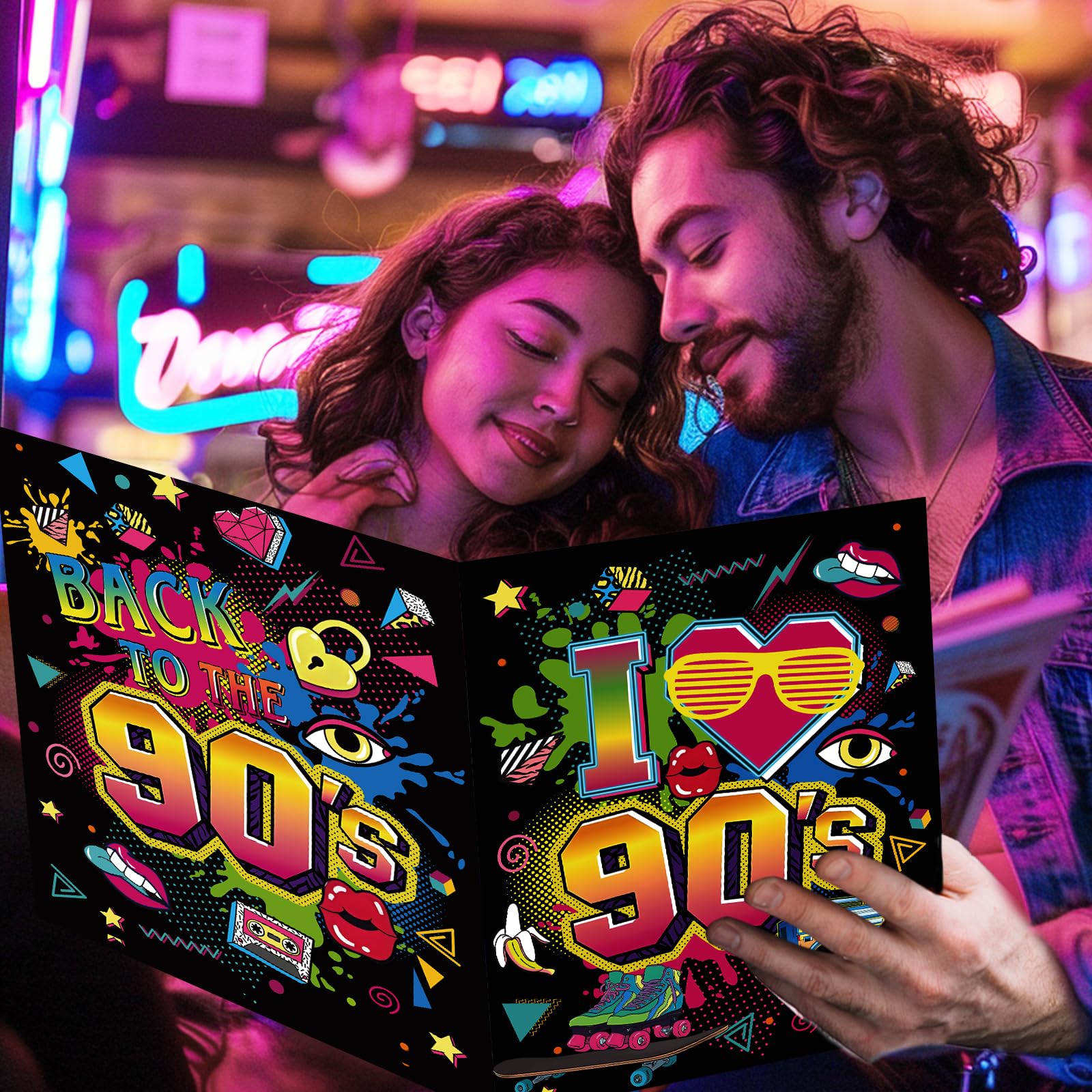 Decoraciones de fiesta de los años 90, tarjetas de felicitación con el tema de los años 90, libro de invitados con texto en inglés "I love 90's, decoración divertida de los años 90 para tablero de