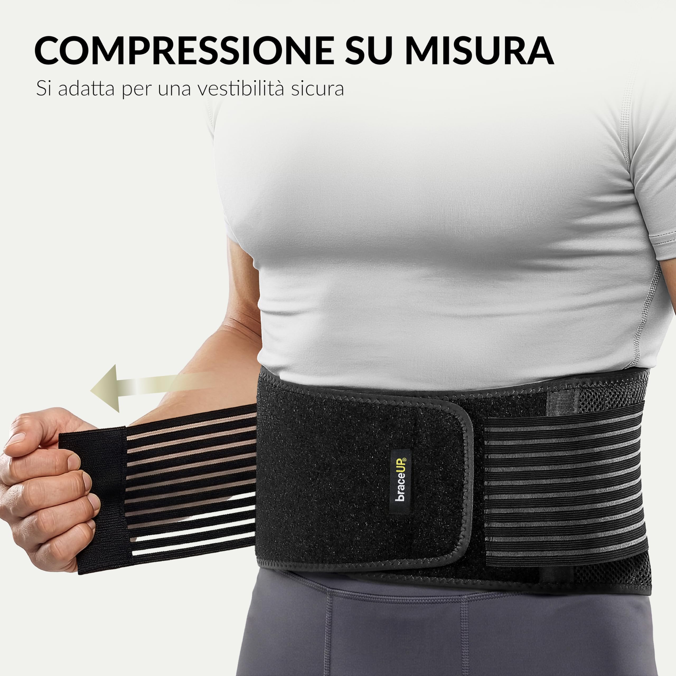 BraceUP Fascia Lombare Supporto Schiena Uomini e Donne - Pancera Contenitiva Uomo Donna, Busto Ortopedico Lombare con Doppi Cinturini Regolabili (L/XL 90-110 cm)