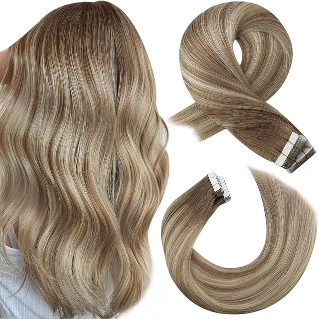 Moresoo Human Hair Extension Tape in Balayage Real Hair Tape in Extensions Light Brown with Platinum Blonde Ombre Tape in Hair Extensions Real Human Hair 12 Inch 20 Pieces/30g #8/22/8
