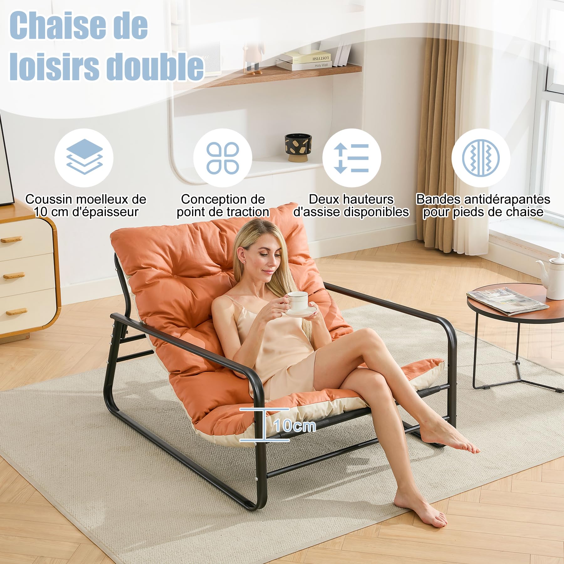 Fauteuil Jardin Exterieur avec Coussin réversible, Imperméable, Anti-Rouille rembourrée en Acier pour 2 Personnes pour Terrasse Salon Balcon- Capacité de Charge maximale de 160 kg, Orange et Beige