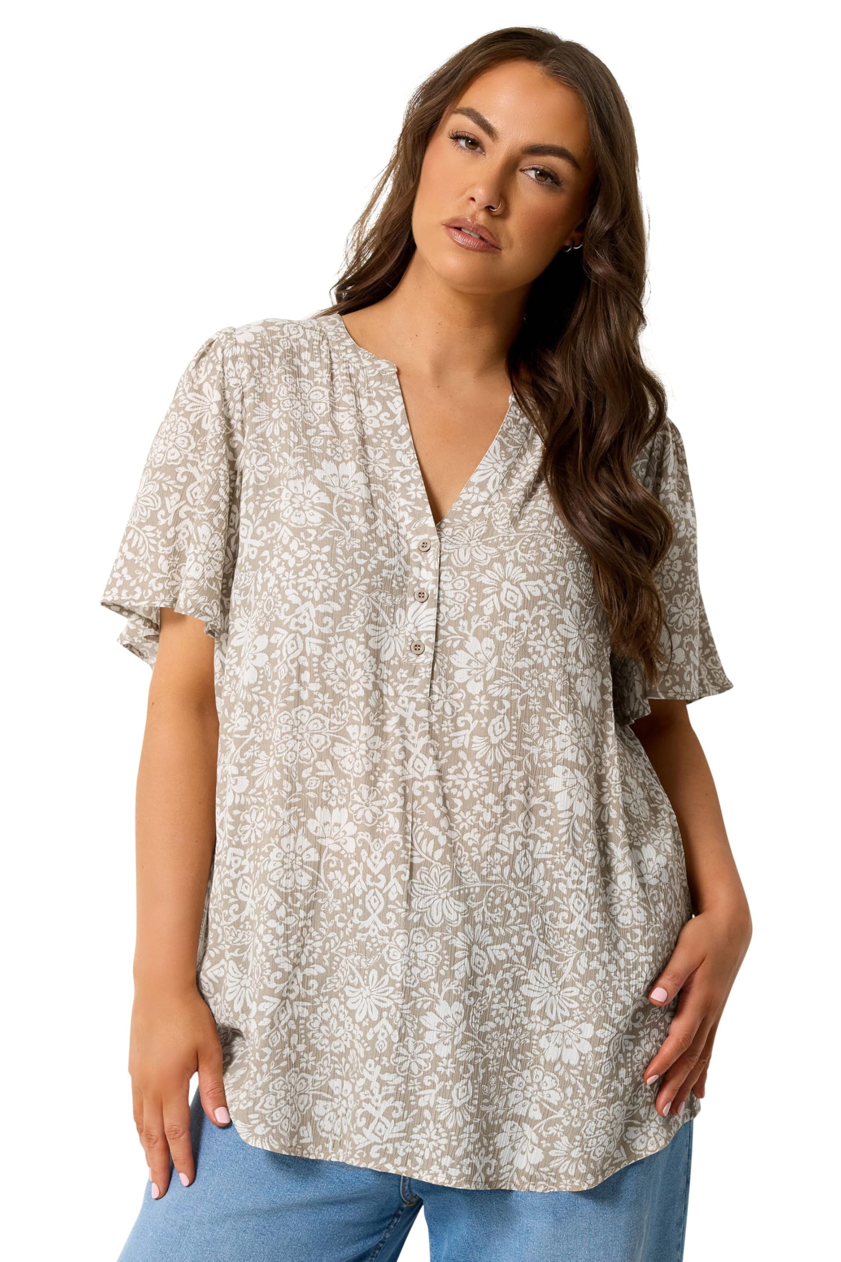 Yours Women's Natural Floral Notch Neck Top In | Size: 22-24