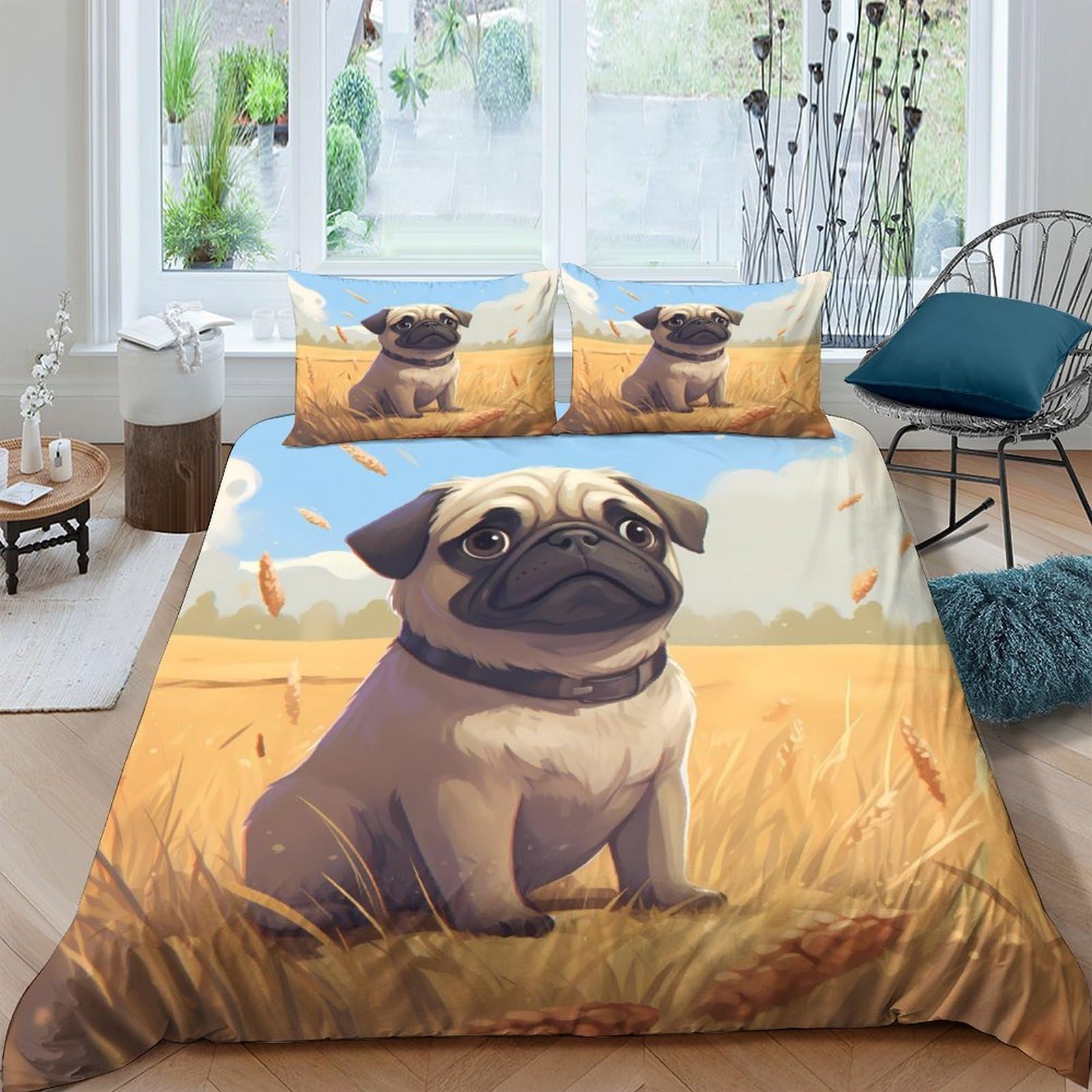 GPLZQXKJNH 3D Printed Pug Dog Field Duvet Cover Microfiber Breathable Bedroom Decor Wheat Bedding Set with 2 Pillowcases Single（135x200cm）