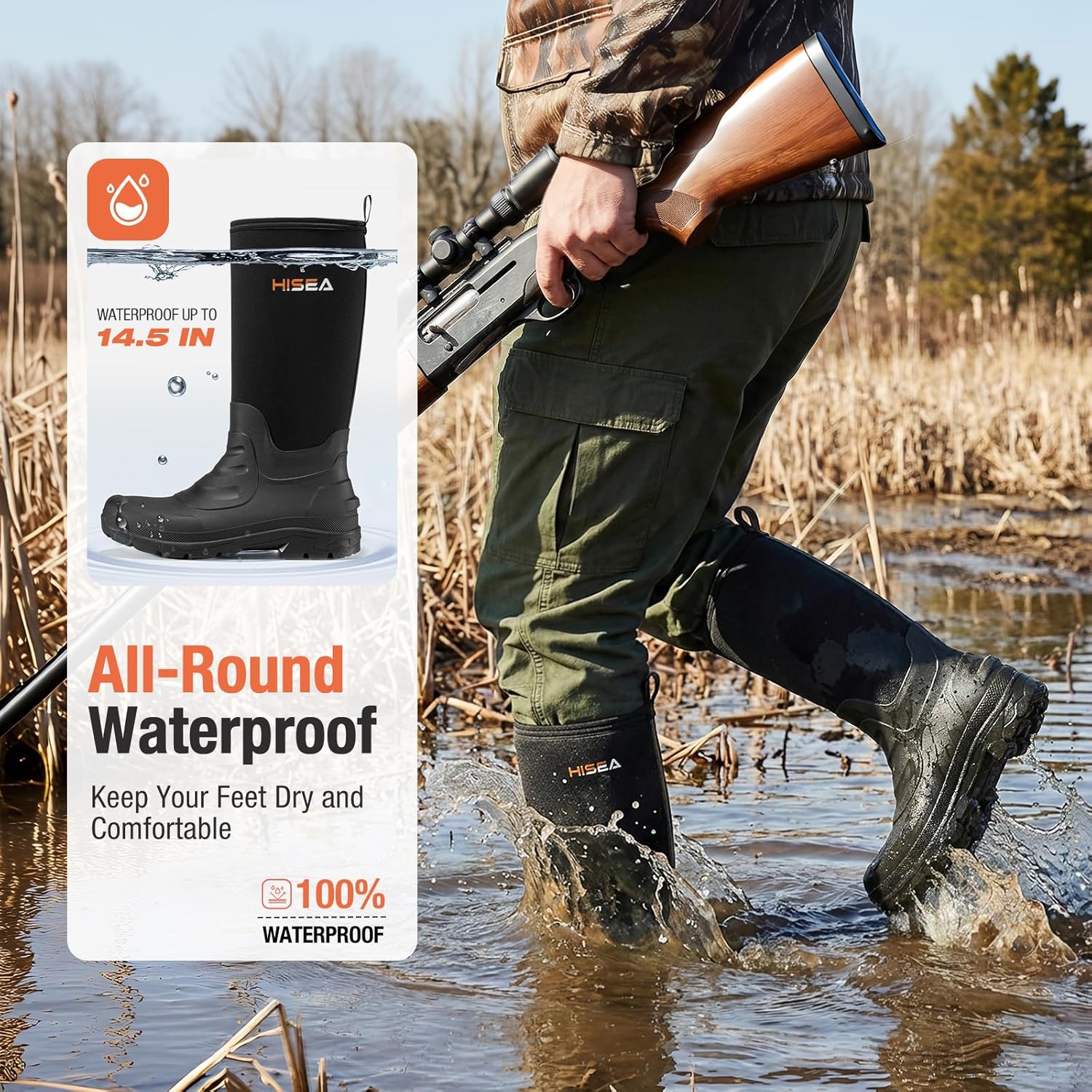 HISEA Men's Neoprene Rubber Rain Boots,Waterproof Insulated Hunting Fishing Mud Boots,Warm Boot with Comfortable Non-Slip Soles Suitable for Outdoor Garden Work - Image 5