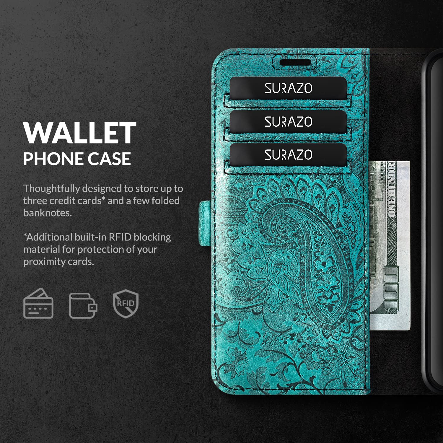 SURAZO Etui na telefon komórkowy Apple iPhone 15 Pro Max Slim – składane etui ochronne z prawdziwej skóry [przegródka na karty, ochrona RFID, kwiatowy wzór] etui z klapką, skórzane etui (turkusowe)