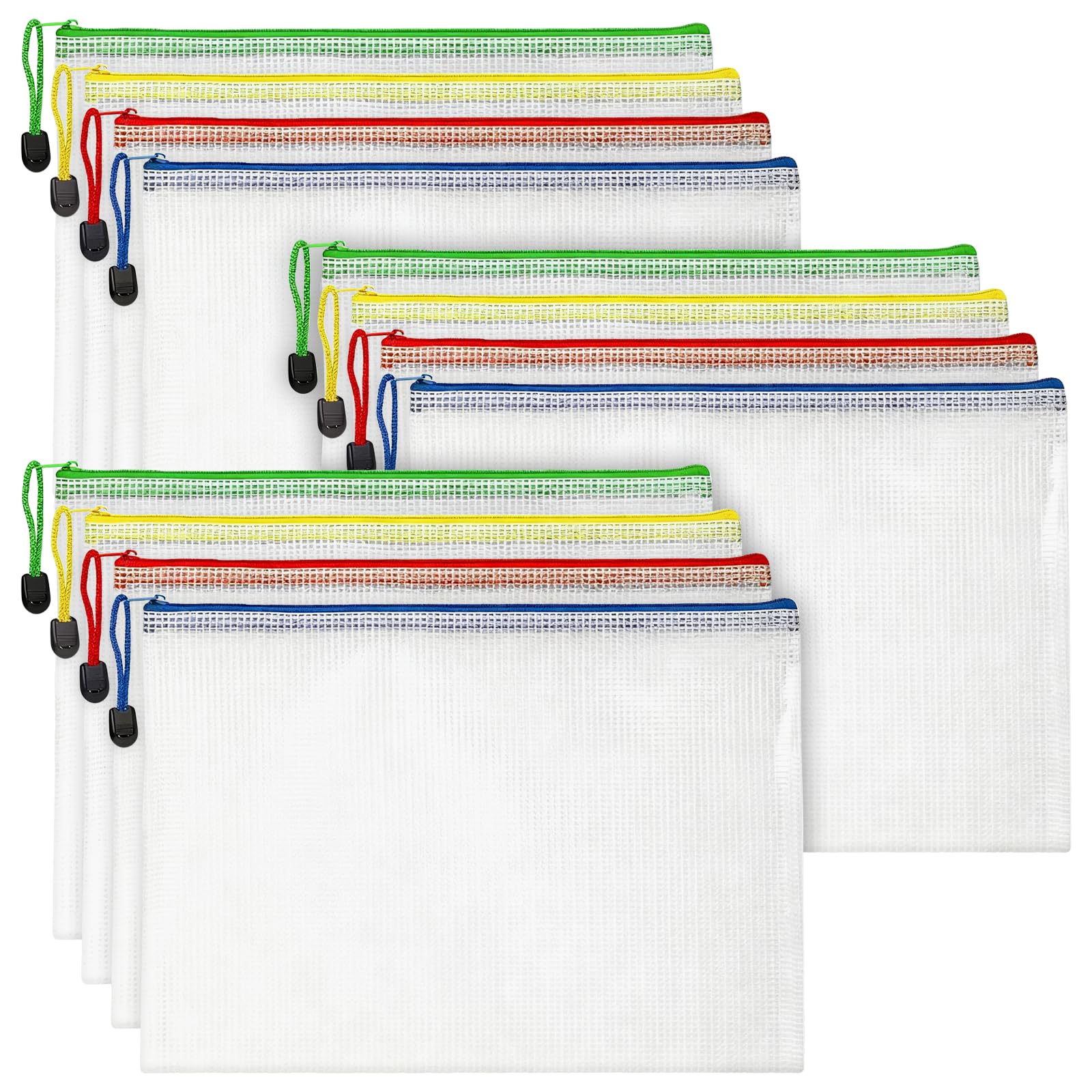 Plastic Wallets A4, 12 Pack Document Wallets with Zipper, Waterproof Mesh Document Zipper Bags for School Travel Home Office(4 Colors)