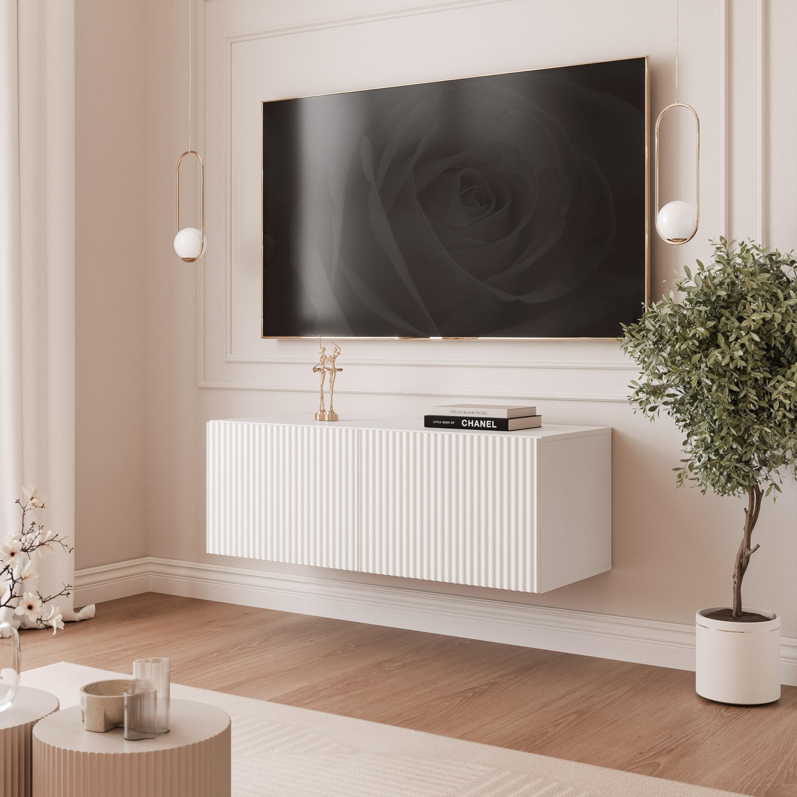 TV Lowboard hängend mit LED und 2 Fächern 100 cm Weiß Matt