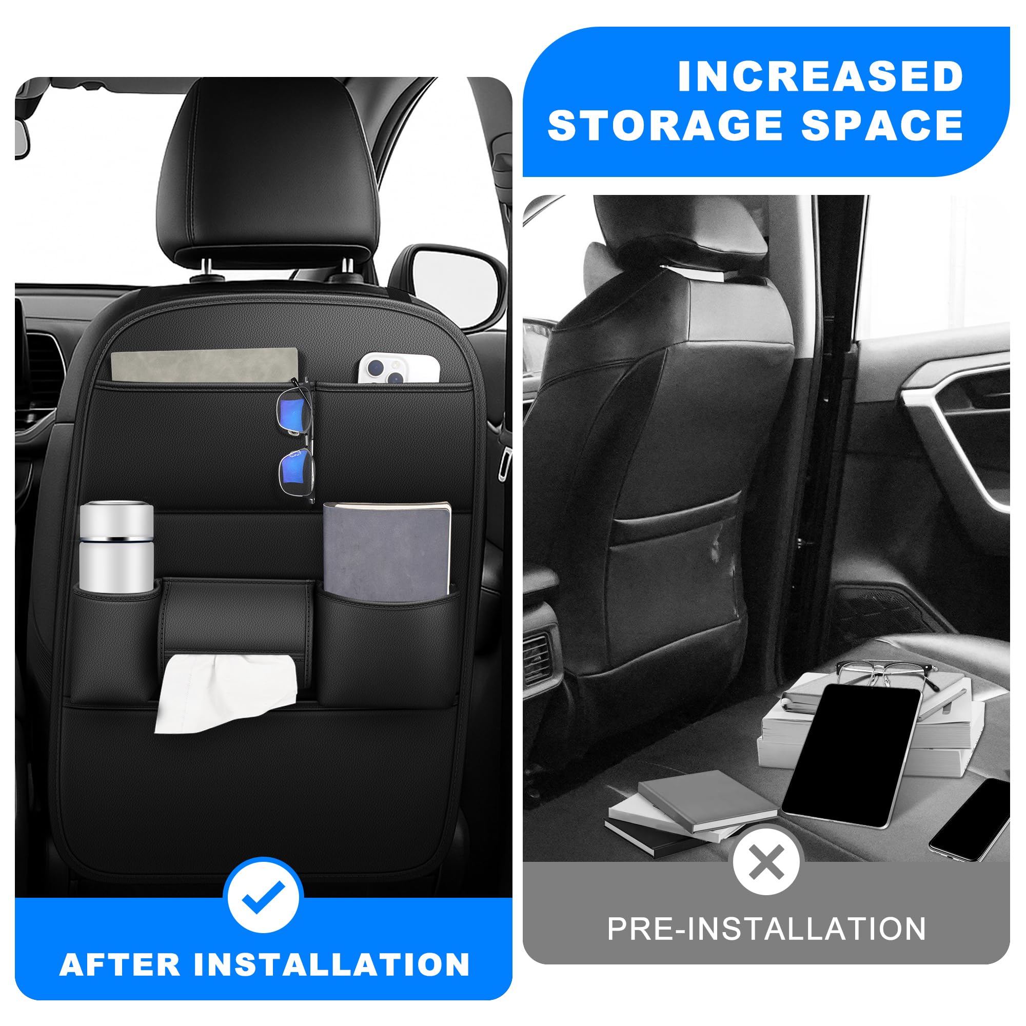 Paquete de 2 protectores de asiento trasero para Ford Explorer con almacenamiento de tazas y pañuelos con organizador de almacenamiento, impermeable, a prueba de suciedad, de piel sintética