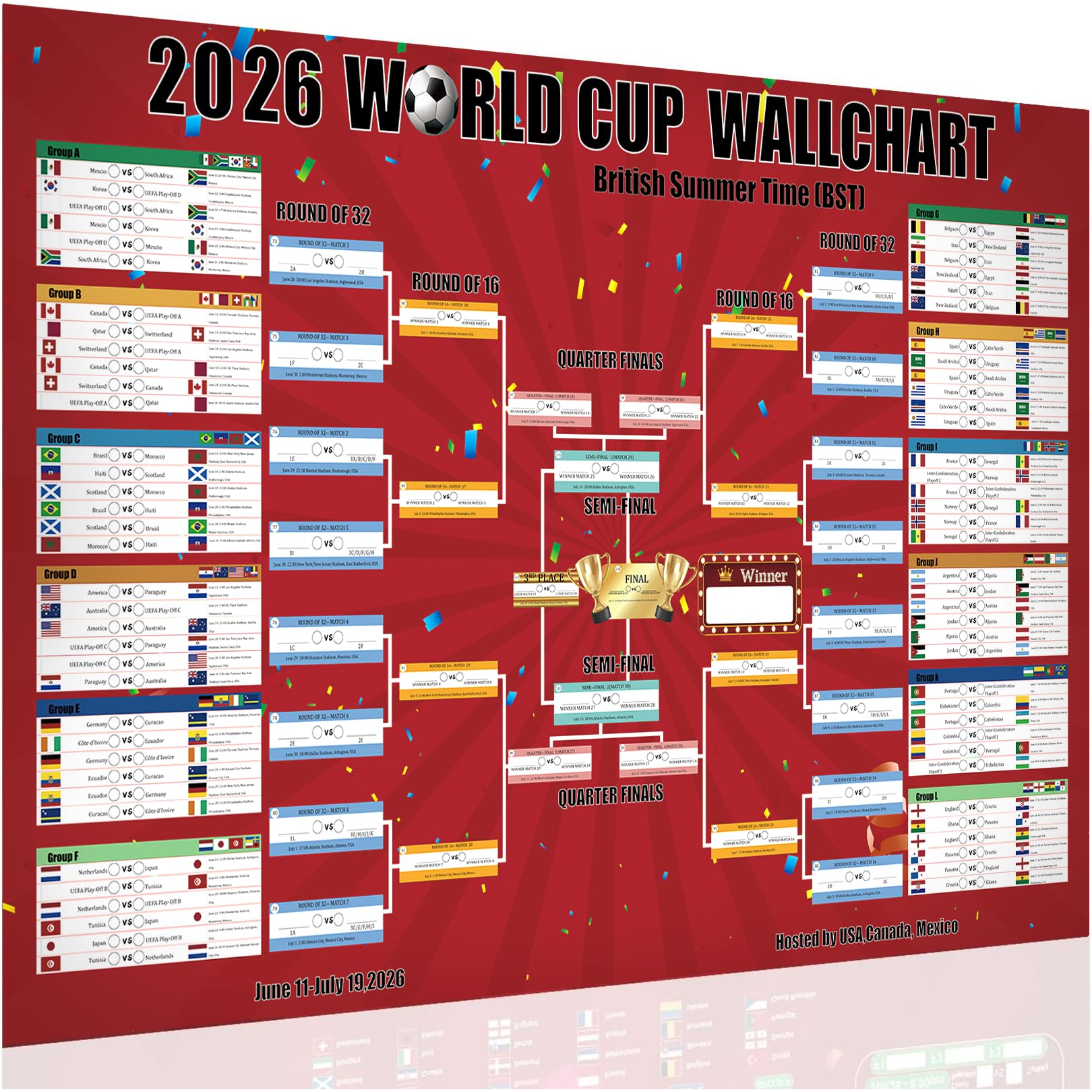 Flankor Extra Large World Cup Wall Chart 2026, 100ร70cm World Cup Football 2026 Schedule Poster, Football Party Decorations for Home Office Bar Club Decorations Great Gifts for Soccer Fans