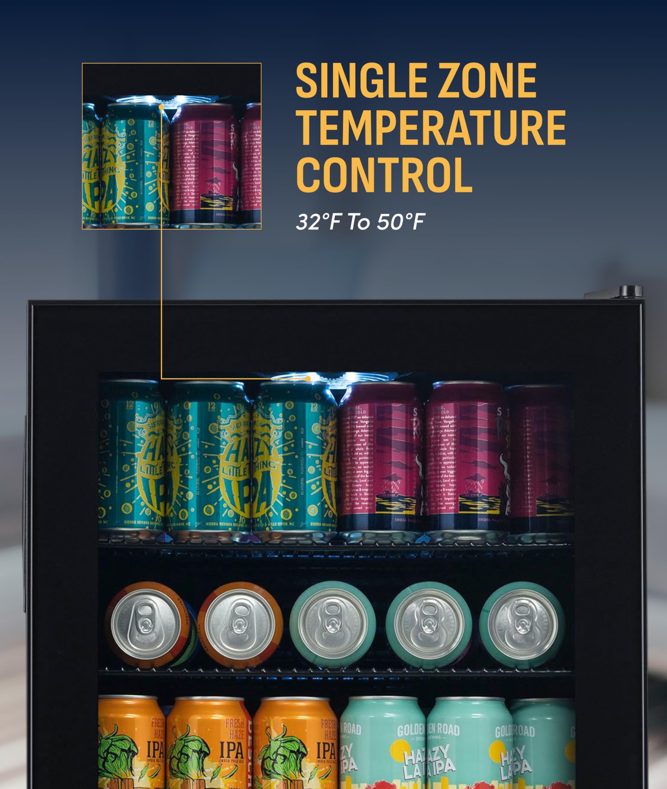 NewAir 126 Can Beverage Refrigerator | Freestanding Mini Fridge For Home Bar Or Office | Splitshelf Storage, 32°F Cooling & LED Lighting | “Beers Of The World” Design on Fridge.com - View 5