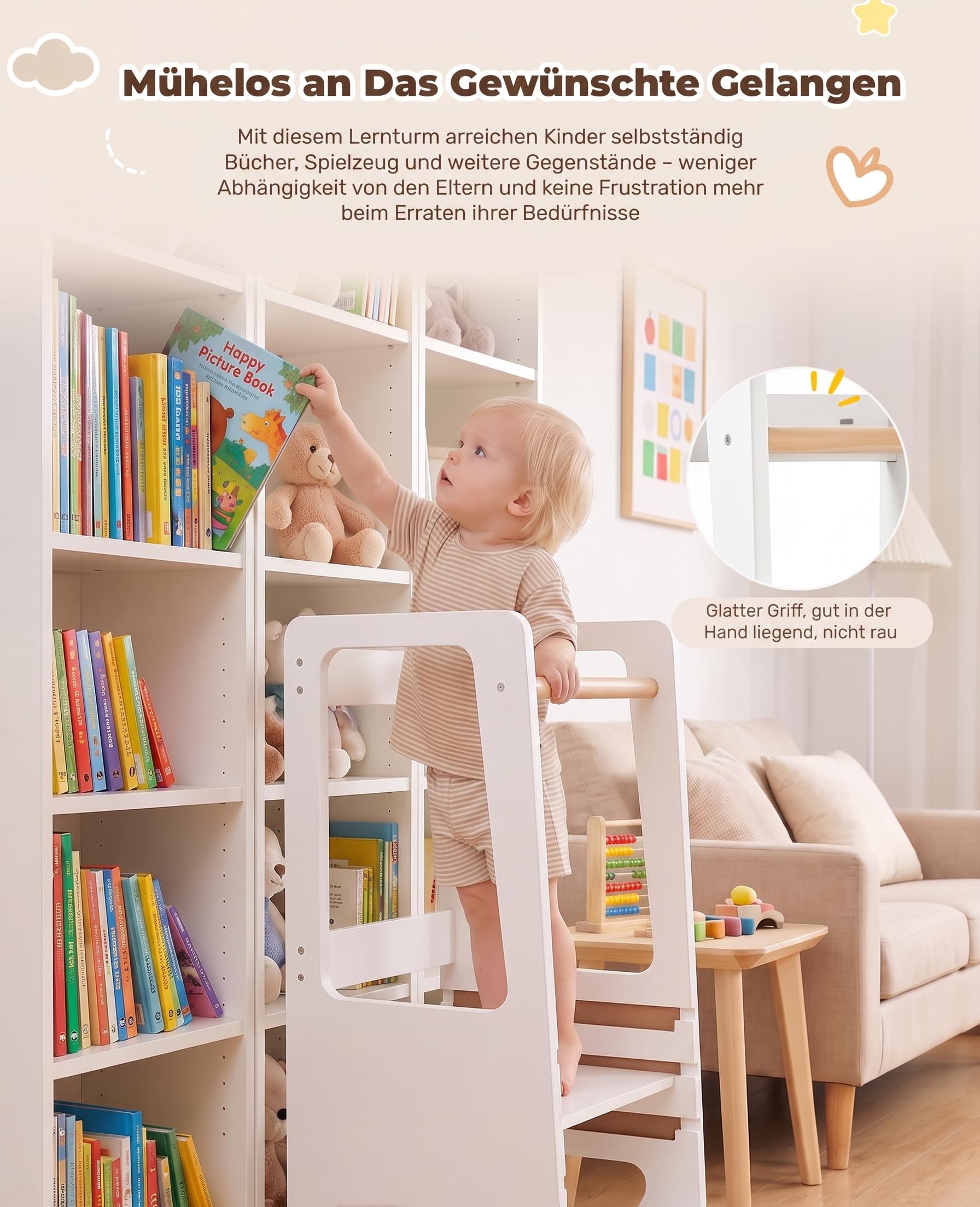 Lernturm ab 1 Jahr Höhenverstellbar, 3‑Fach höhenverstellbar Montessori Learning Tower, Massivholz Küchenhelfer mit Kippschutz, bis 50kg belastbar für Küche Bad Kinderzimmer (Weiß)