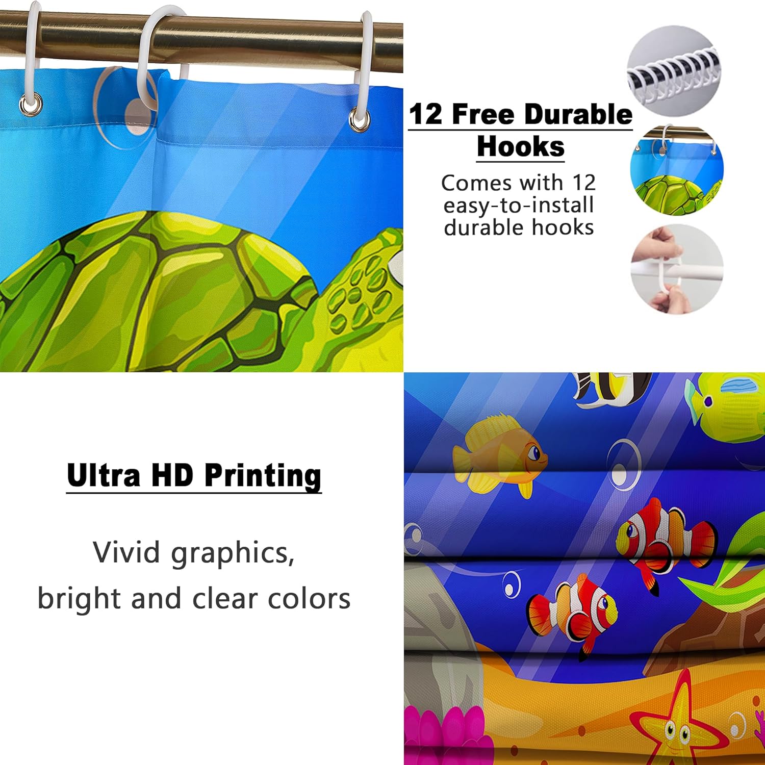Poedist 4 Pcs Bathroom Shower Curtain Set,Kids Bathroom Sets with Rugs(Bath Mat,U Shape and Toilet Lid Cover Mat) and 12 Hooks,Under The Sea-01