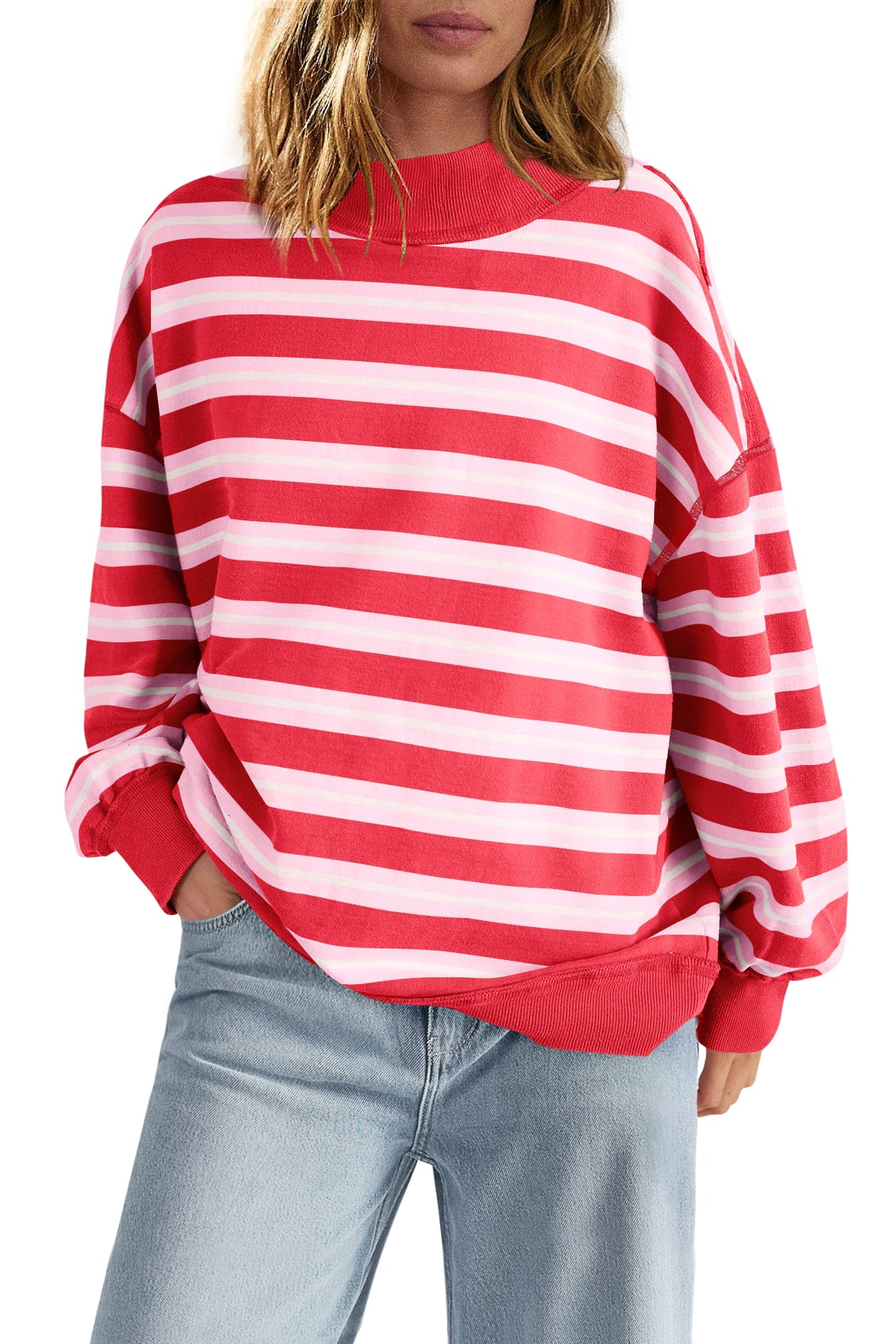 panadila Women Striped Long Sleeve Shirt Oversized Mock Neck Sweatshirt Turtleneck Tops Casual Pullover Top-picture-50
