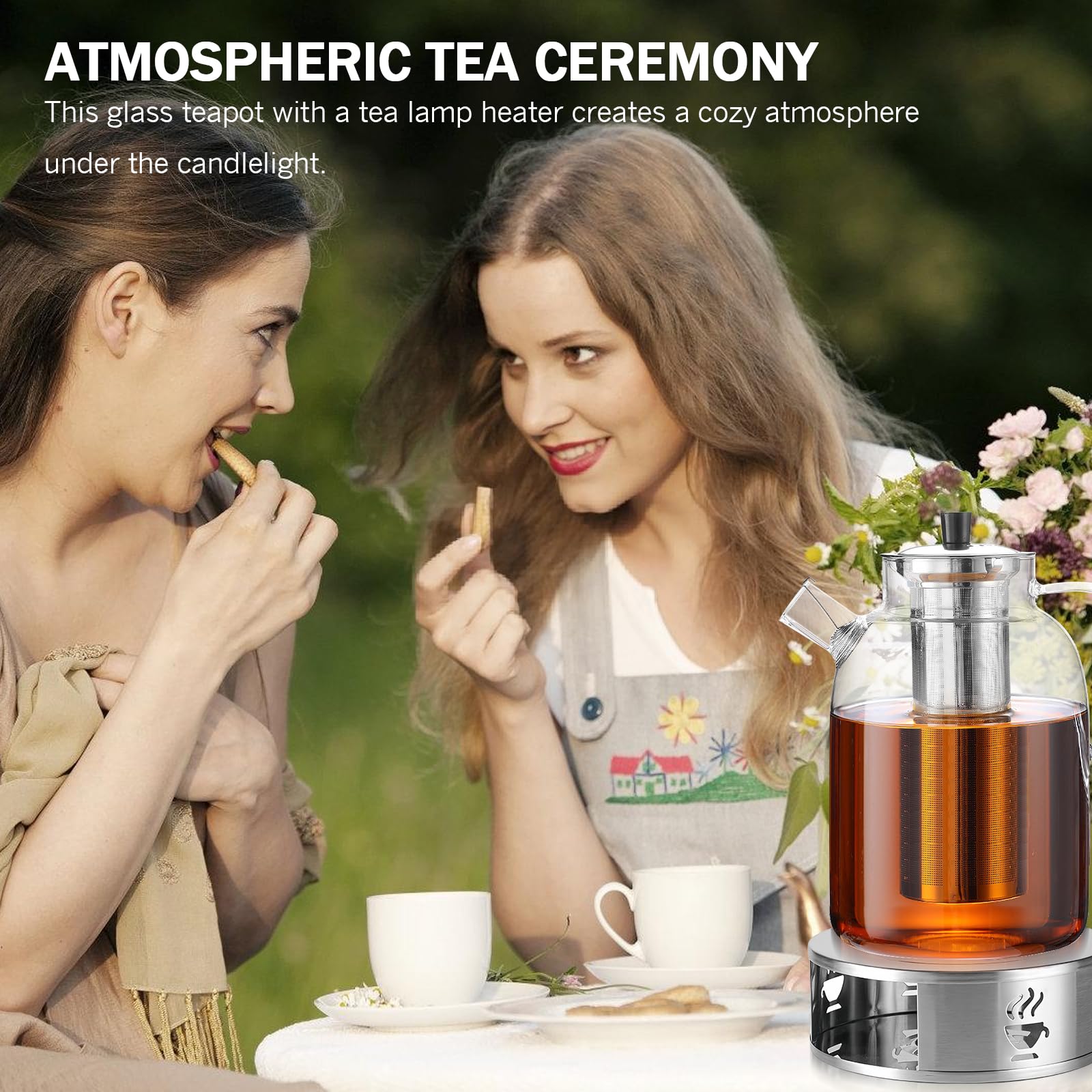 BAIFULAI 1,8L Teekanne Glas mit Siebeinsatz, Edelstahl Erhitzer Teekocher Kanne Set aus Borosilikatglas Teekanne mit Stövchen für Teelicht Teesieb Teekann Teapot mit Teebereiter und Sieb