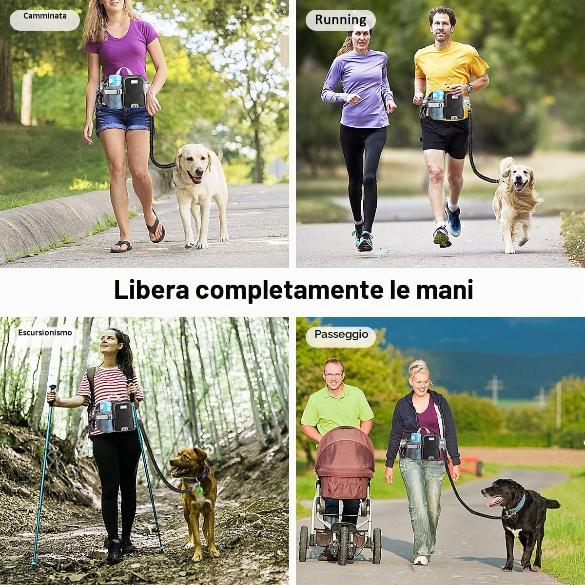 ETACCU Guinzaglio Libero per Cani con Tasca per Cellulare, Supporto per Bottiglia D'acqua, Guinzaglio da Jogging – Cintura Regolabile 63 – 127 cm Assorbimento Degli urti Riflettenti Espandibile