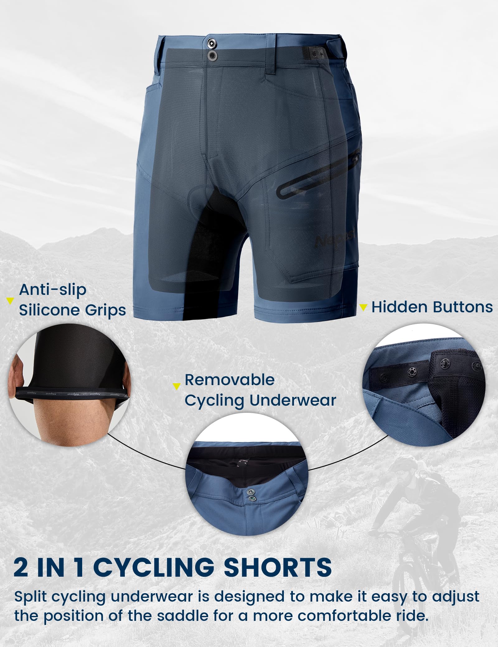 Nepest Mountainbike Hose Herren Kurz MTB Shorts Gepolstert 3D Fahrradhose Locker mit Reißverschluss Tasche Bike Shorts Atmungsaktiv