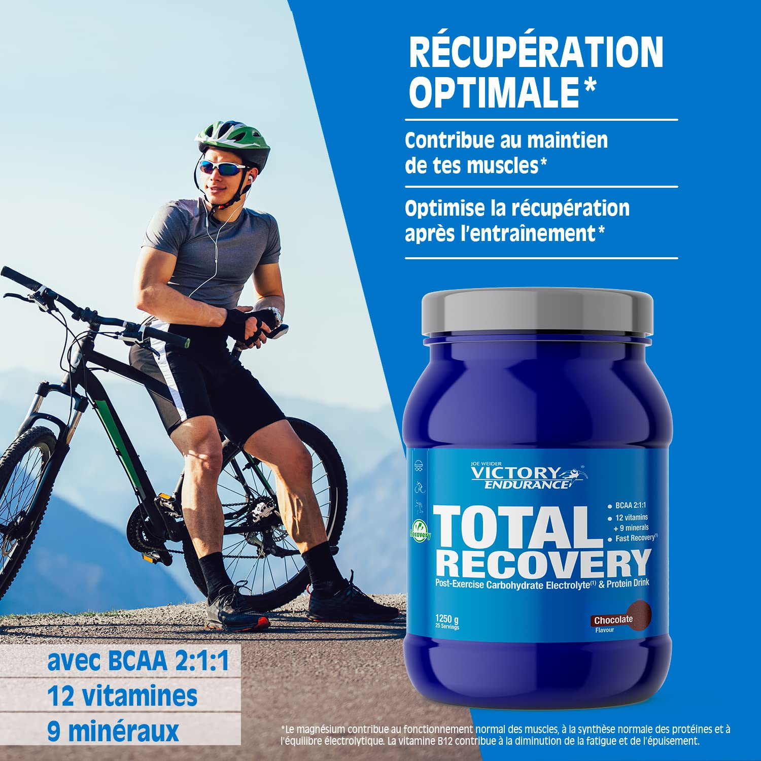 Victory Endurance Total Recovery - Optimise la Récupération Post-Entraînement – Avec Glutamine – BCAAs - Enrichie en Vitamines et Electrolytes – Goût Chocolat – 1250g