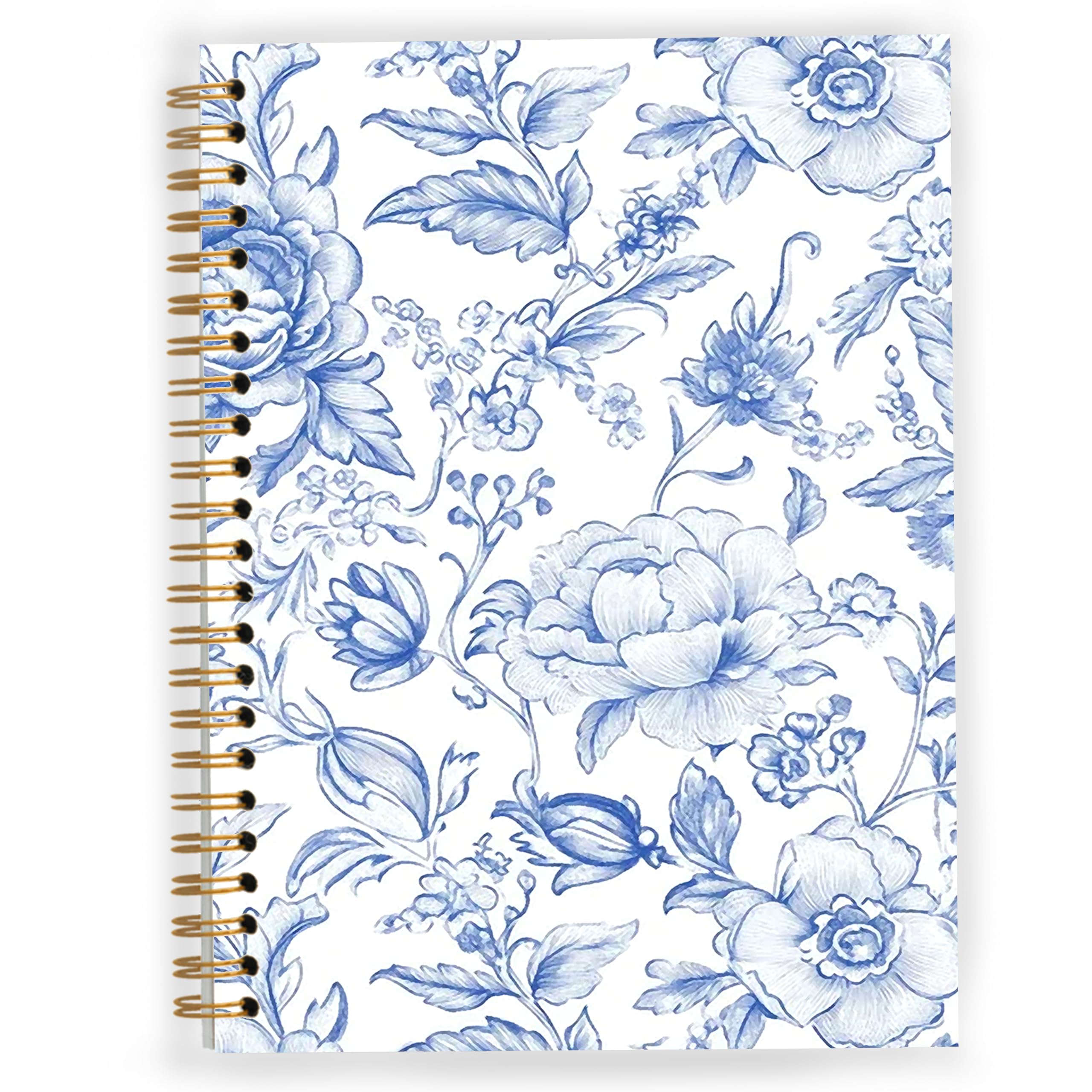 JWVK Blue and White Chinoiserie Floral Spiral Notebook, Grandmillennial Flower Notebooks for Note Taking, Vintage Blue Floral Journal Journaling,