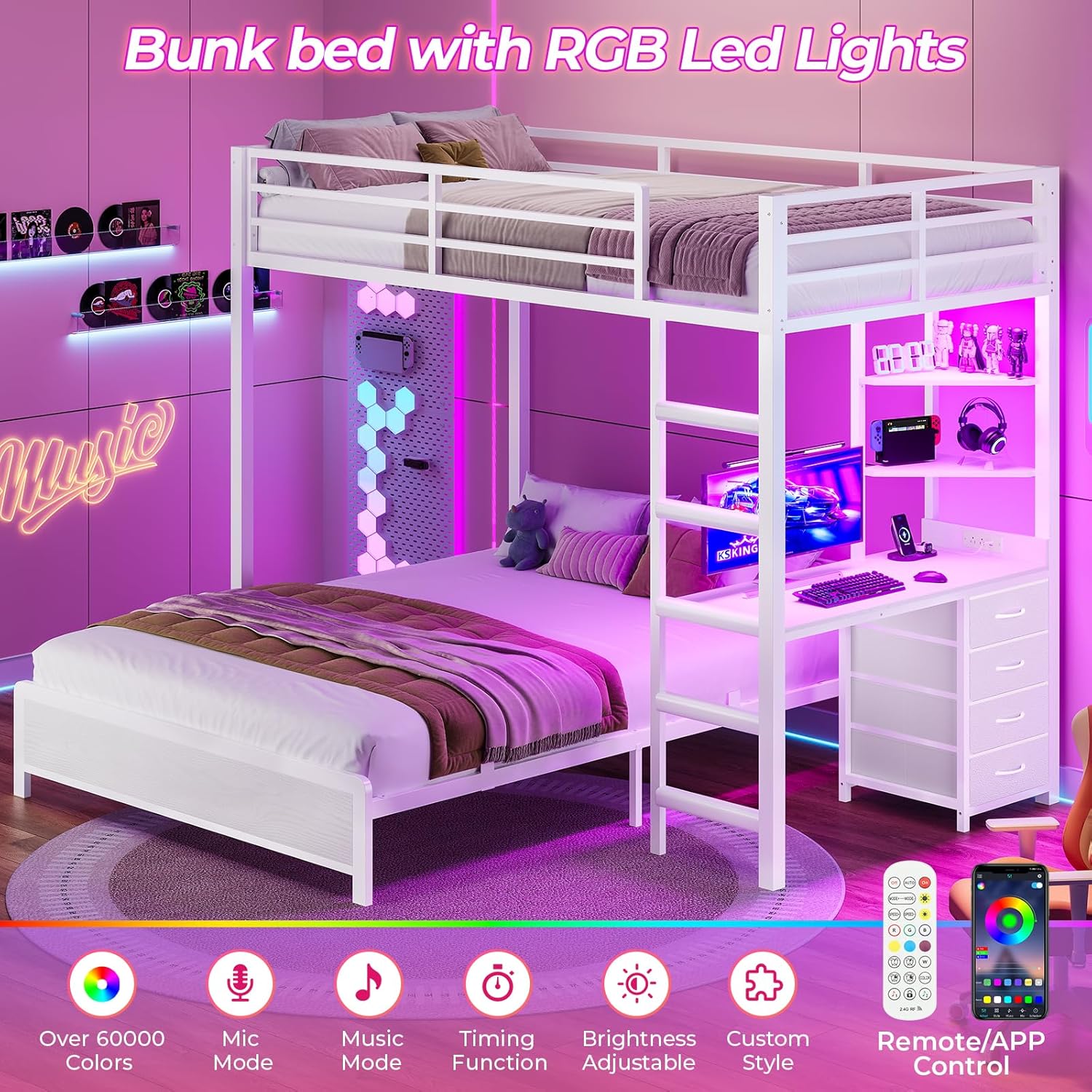 Bunk bed with RGB LED lights illuminated in purple, showing remote and app control options