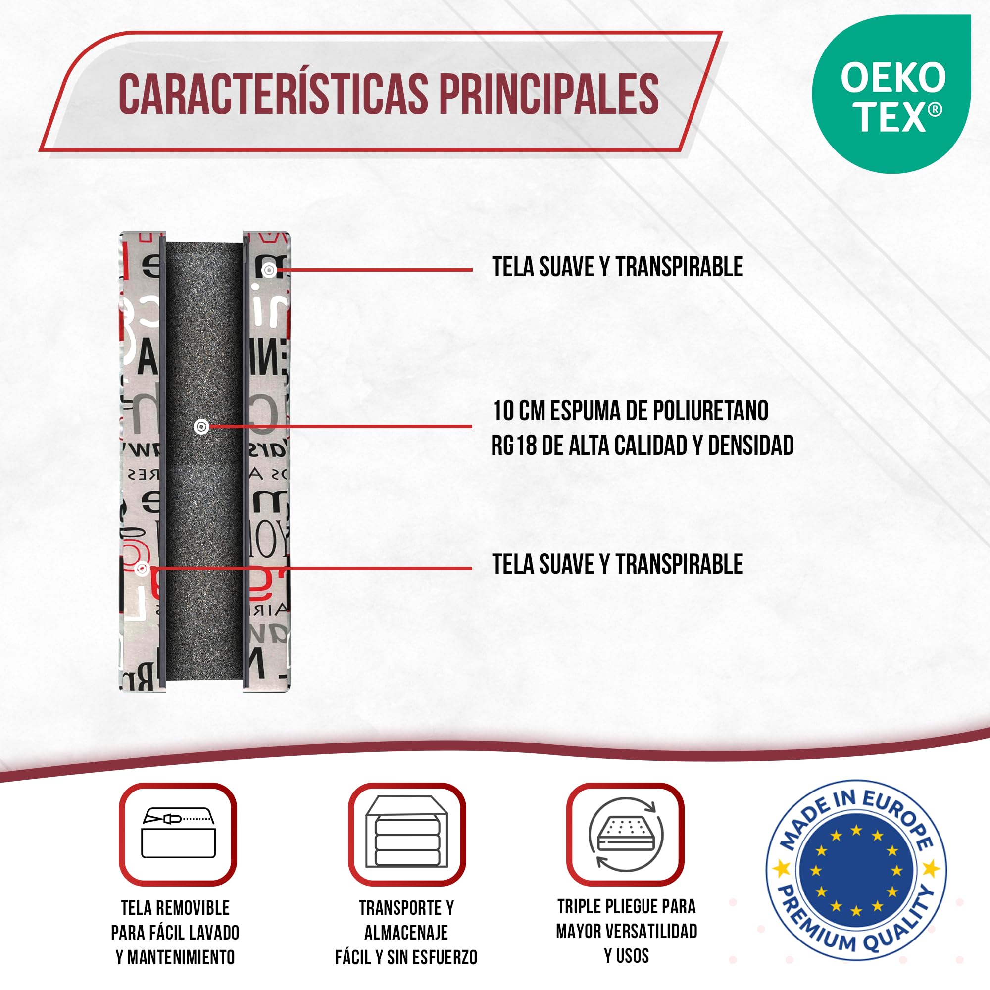 TEHORNEO Colchón Plegable, Colchon Plegable 195 x 75 x 10 cm para Invitados, Colchoneta Plegable, Futon Japones, Colchoneta, Futon, Colchon Plegable Suelo, Puff Cama, Apto para Lavadora