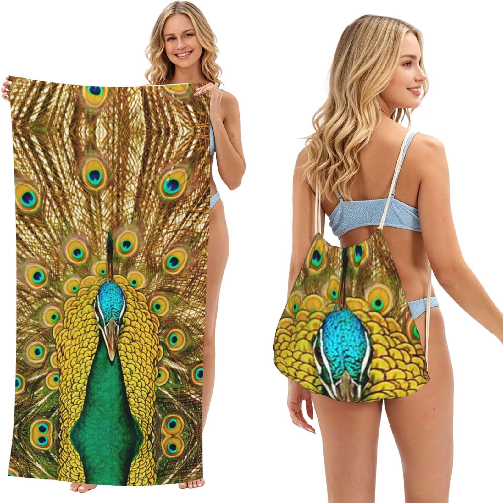EZDLOWVBA Peacock Print Beach Towel Backpack 2 In 1 Summer Large Lightweight Beach Towel - Multifunctional Ship Pattern Towel Bag For Storage,Sport